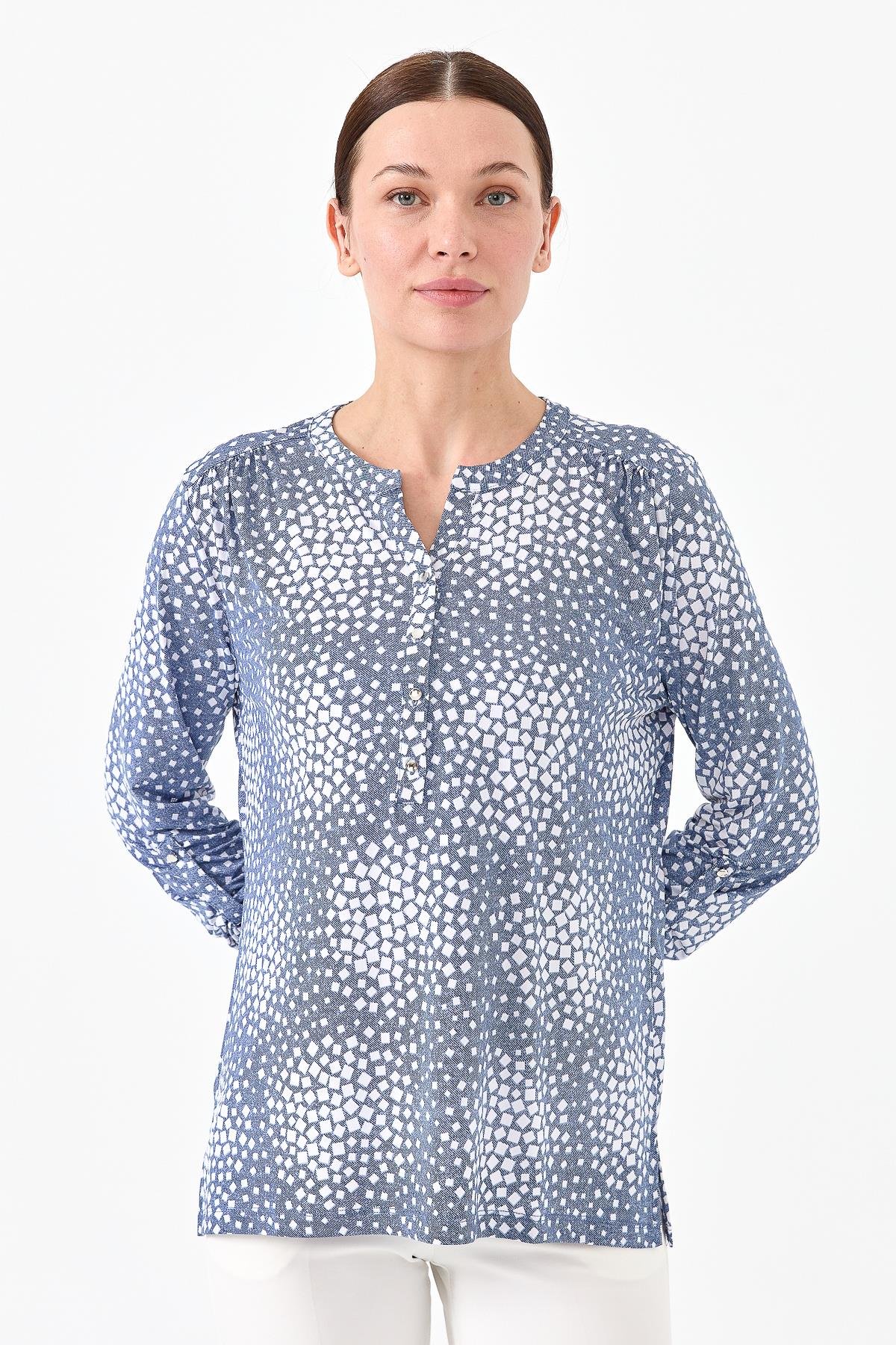 23454Kadın Yakası Patlı İki Renkli Penye Bluz İndigo