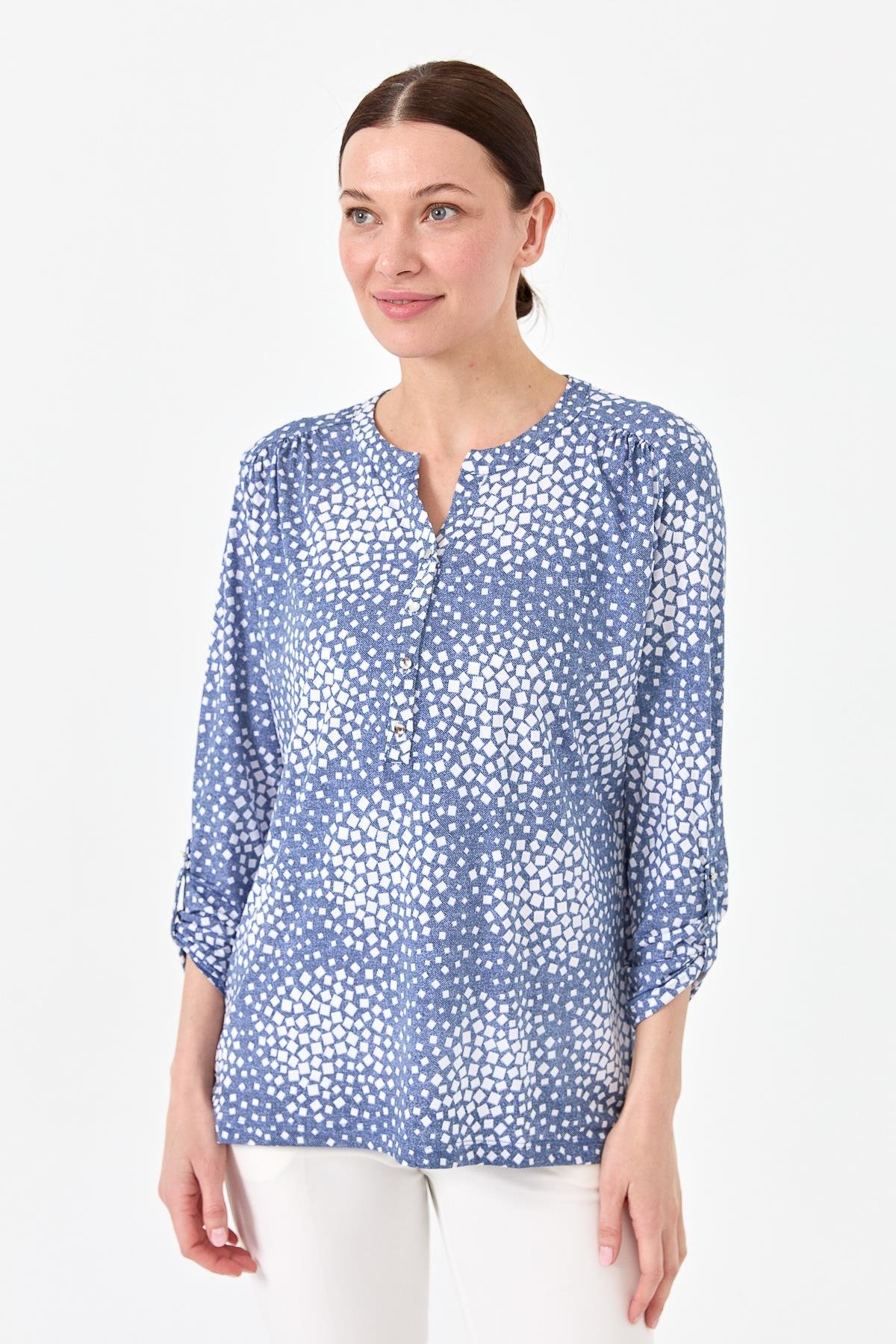 23454Kadın Yakası Patlı İki Renkli Penye Bluz İndigo