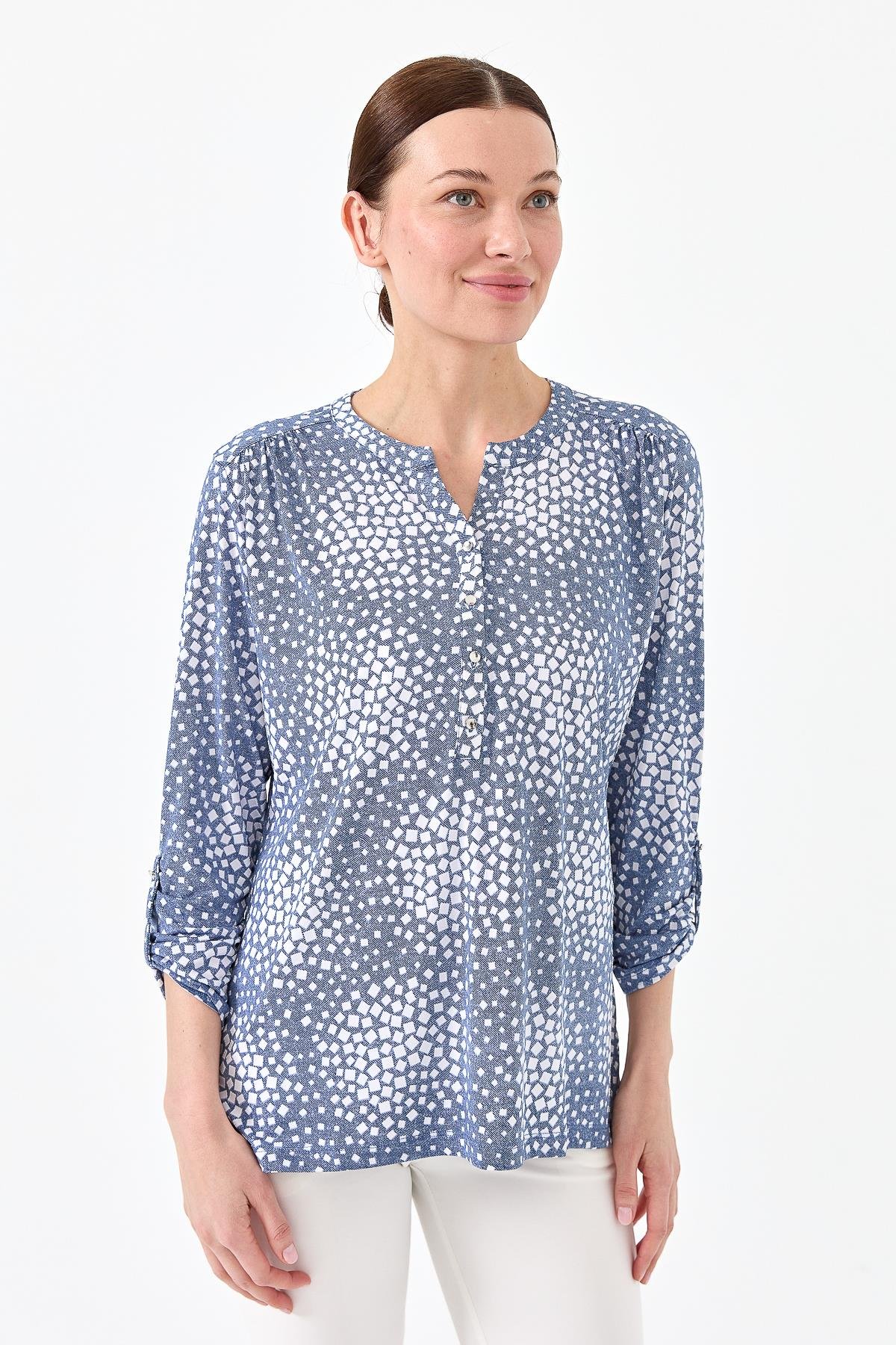 23454Kadın Yakası Patlı İki Renkli Penye Bluz İndigo