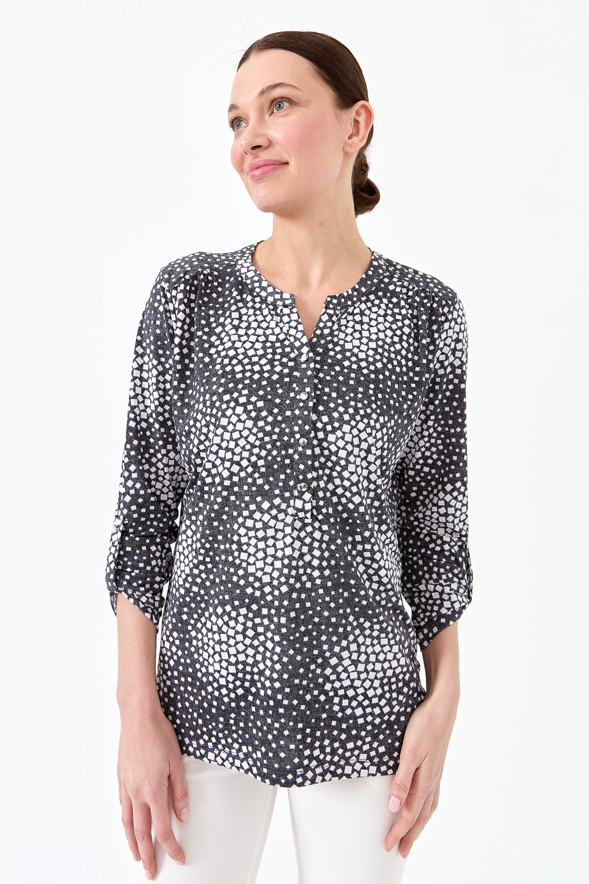 23454Kadın Yakası Patlı İki Renkli Penye Bluz Siyah