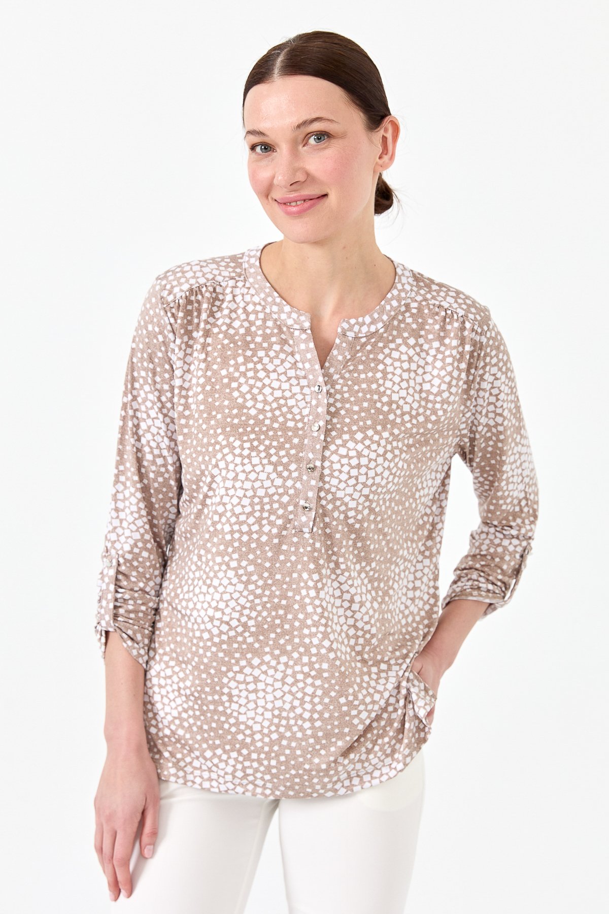 23454Kadın Yakası Patlı İki Renkli Penye Bluz Vizon