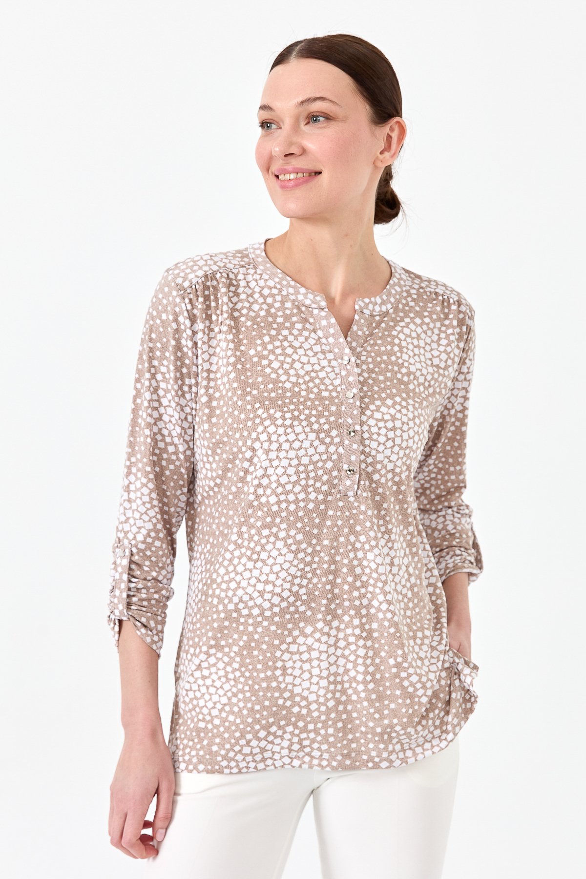 23454Kadın Yakası Patlı İki Renkli Penye Bluz Vizon