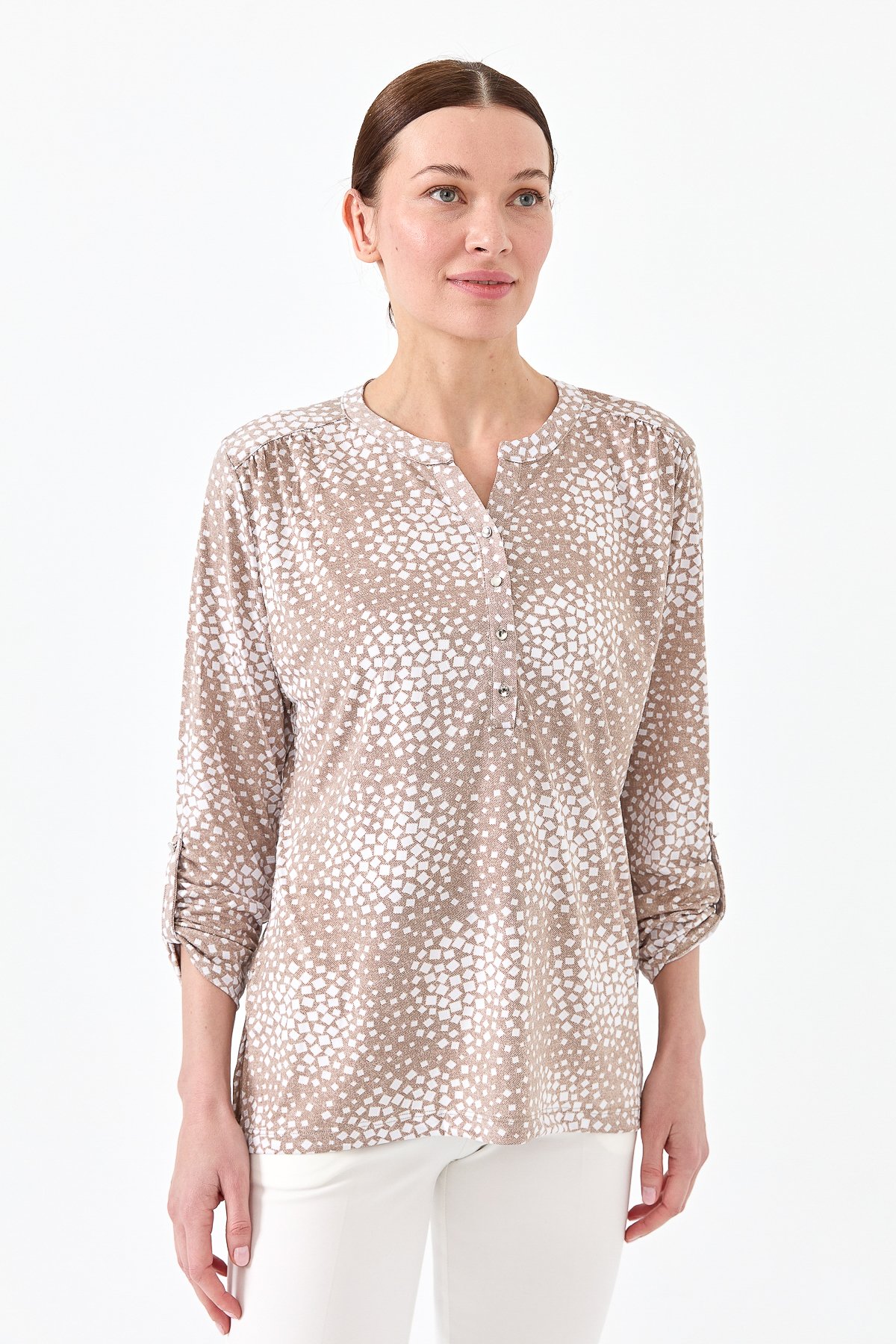 23454Kadın Yakası Patlı İki Renkli Penye Bluz Vizon