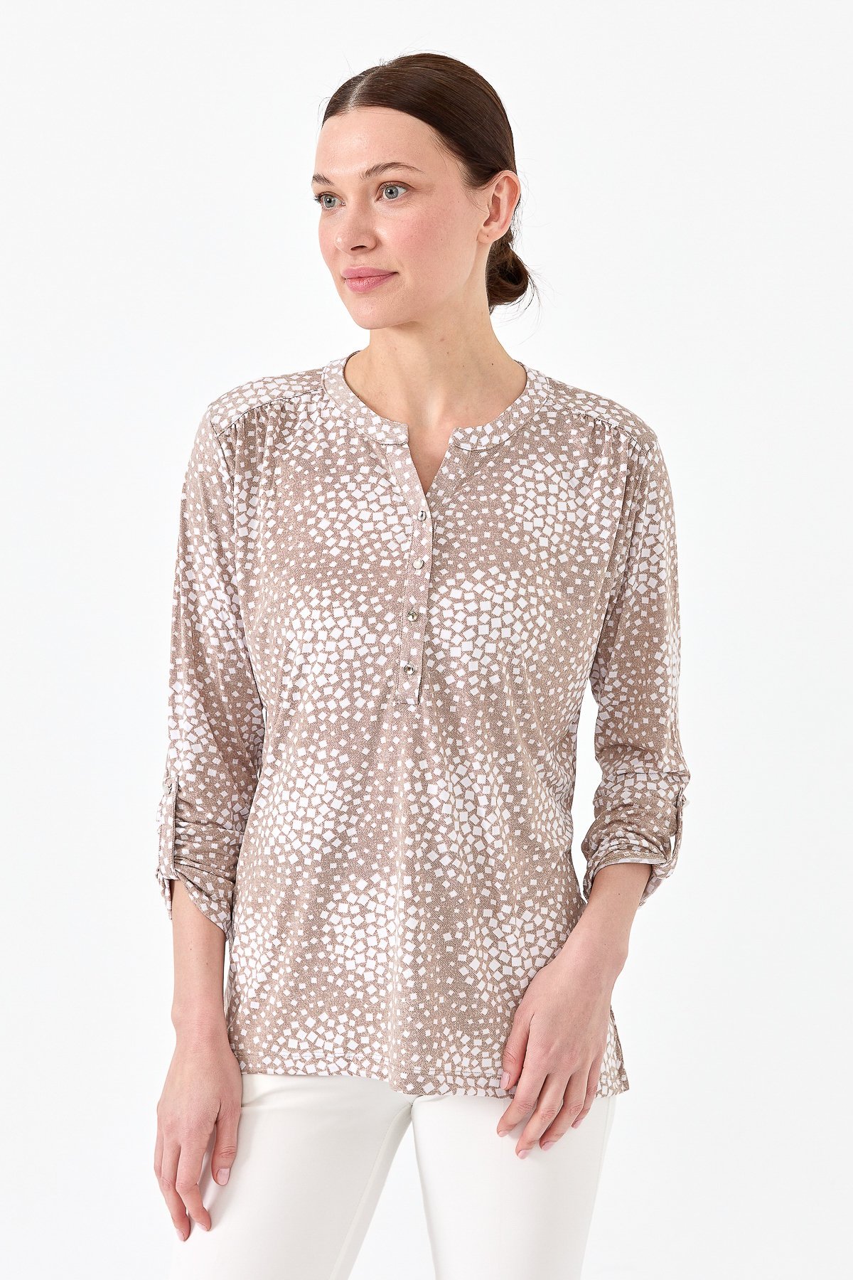 23454Kadın Yakası Patlı İki Renkli Penye Bluz Vizon