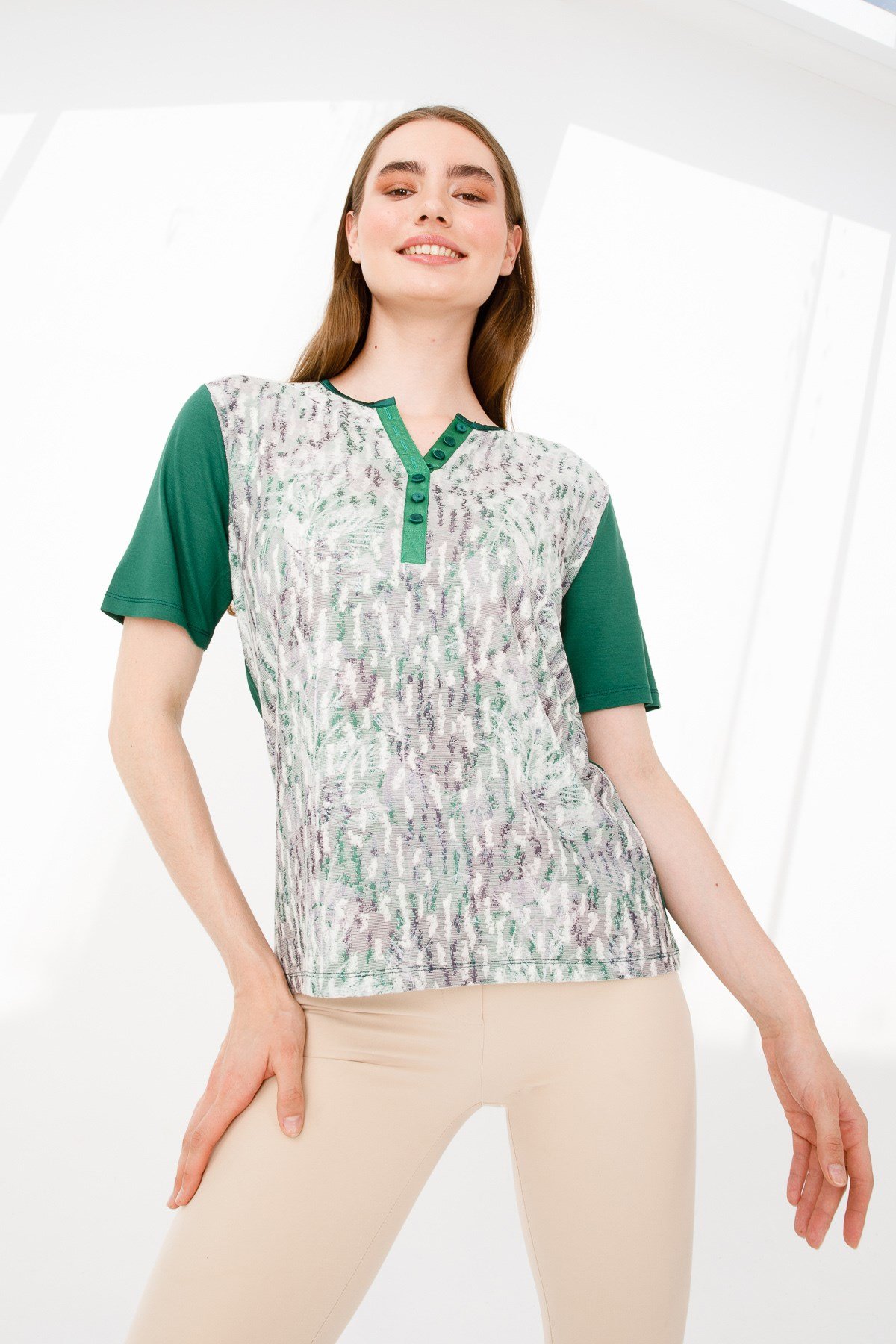 KADIN AÇMA YAKA KISA KOL DESENLİ PENYE BLUZ YEŞİL