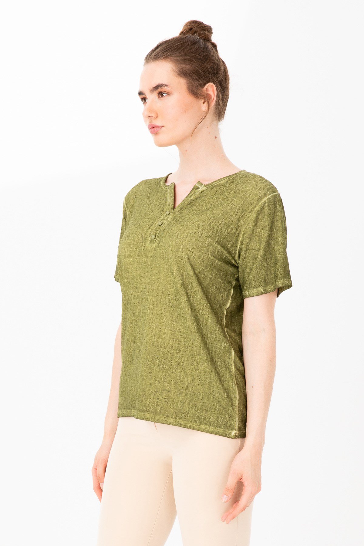 KADIN AÇMA YAKA KISA KOL JAKAR KUMAŞ BLUZ HAKİ