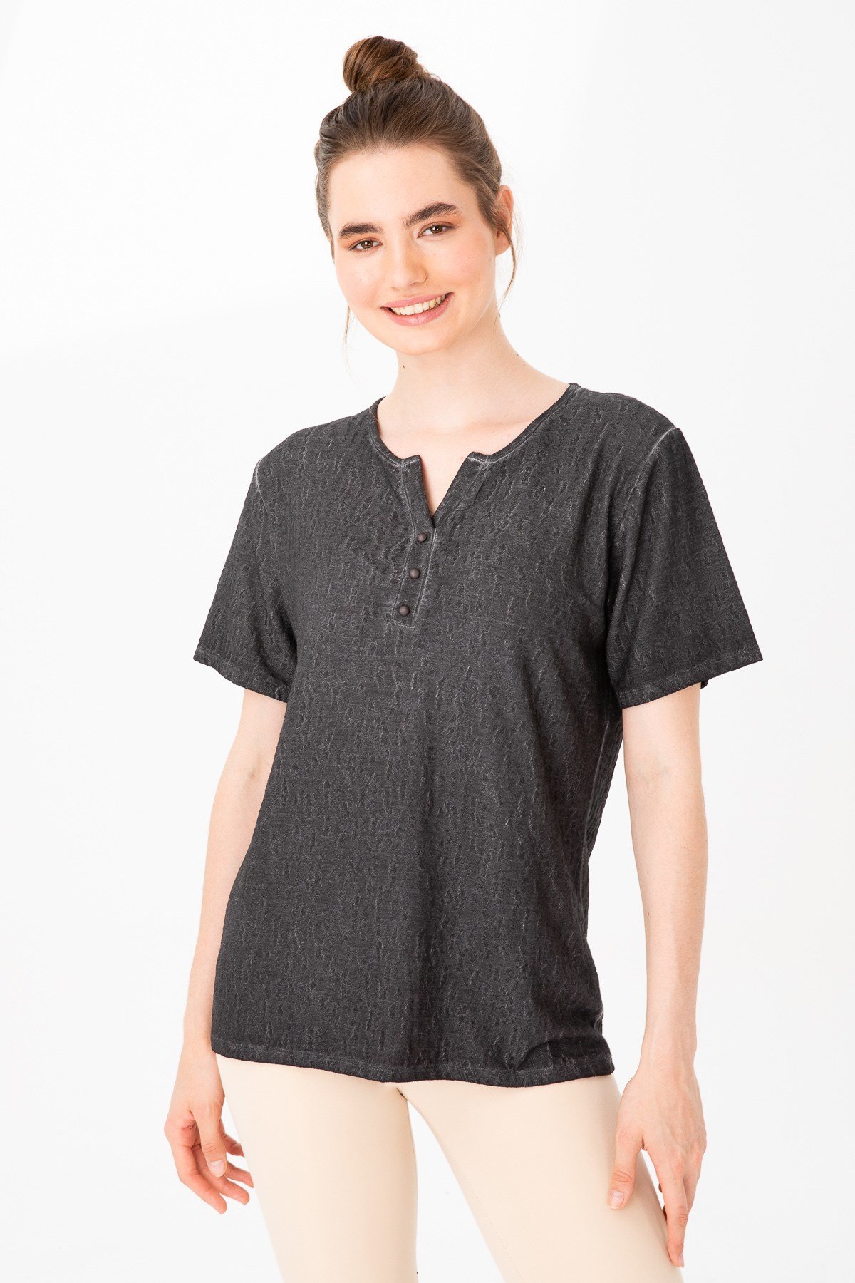 KADIN AÇMA YAKA KISA KOL JAKAR KUMAŞ BLUZ SİYAH