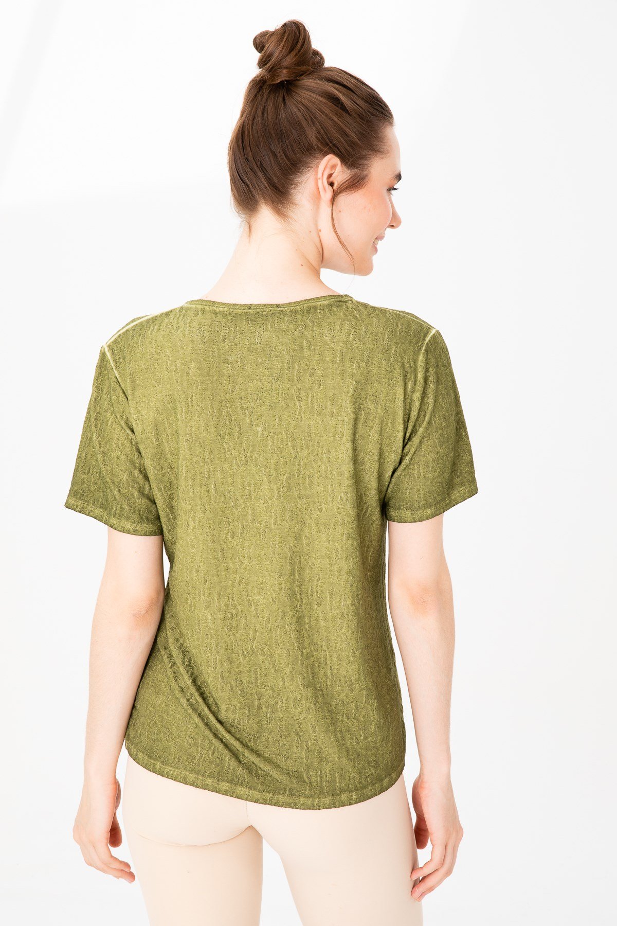 KADIN AÇMA YAKA KISA KOL JAKAR KUMAŞ BLUZ HAKİ