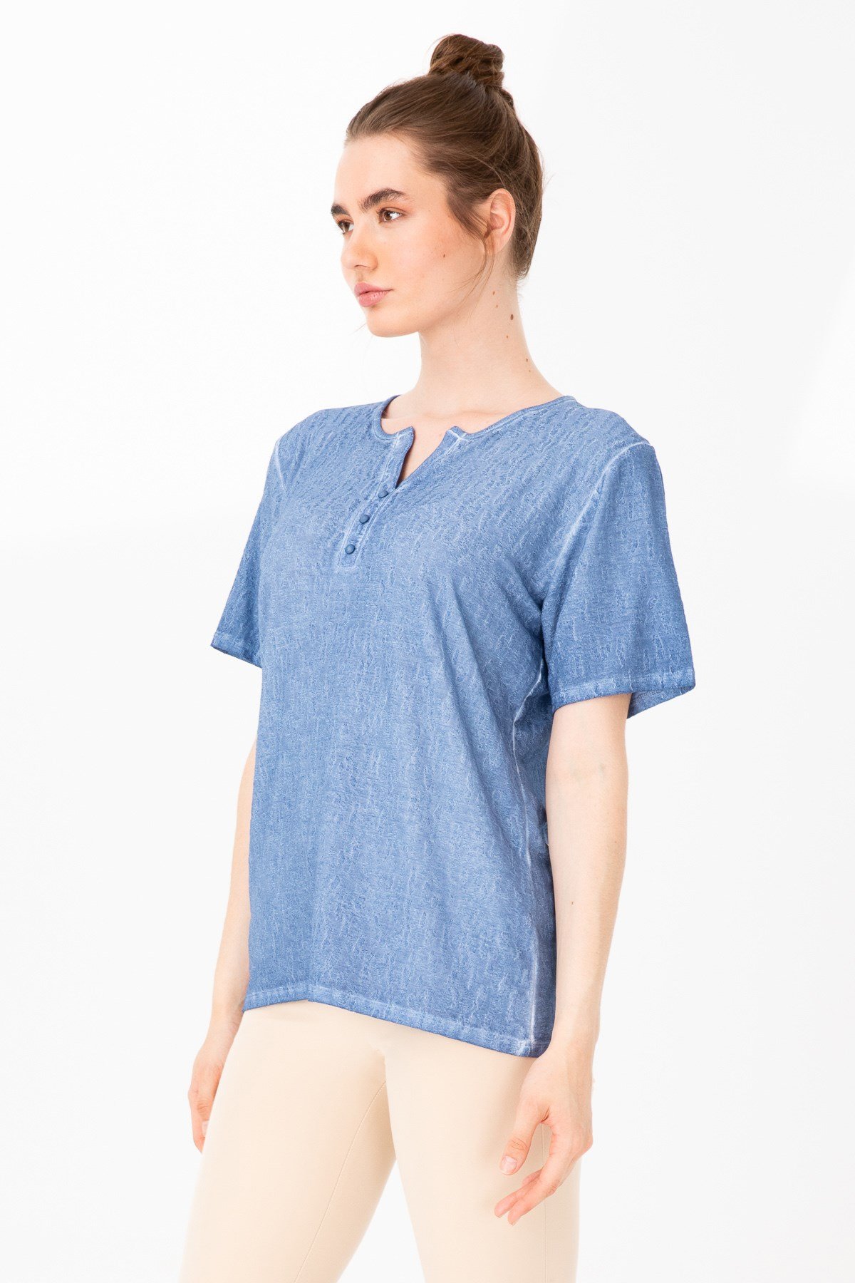 KADIN AÇMA YAKA KISA KOL JAKAR KUMAŞ BLUZ MAVİ