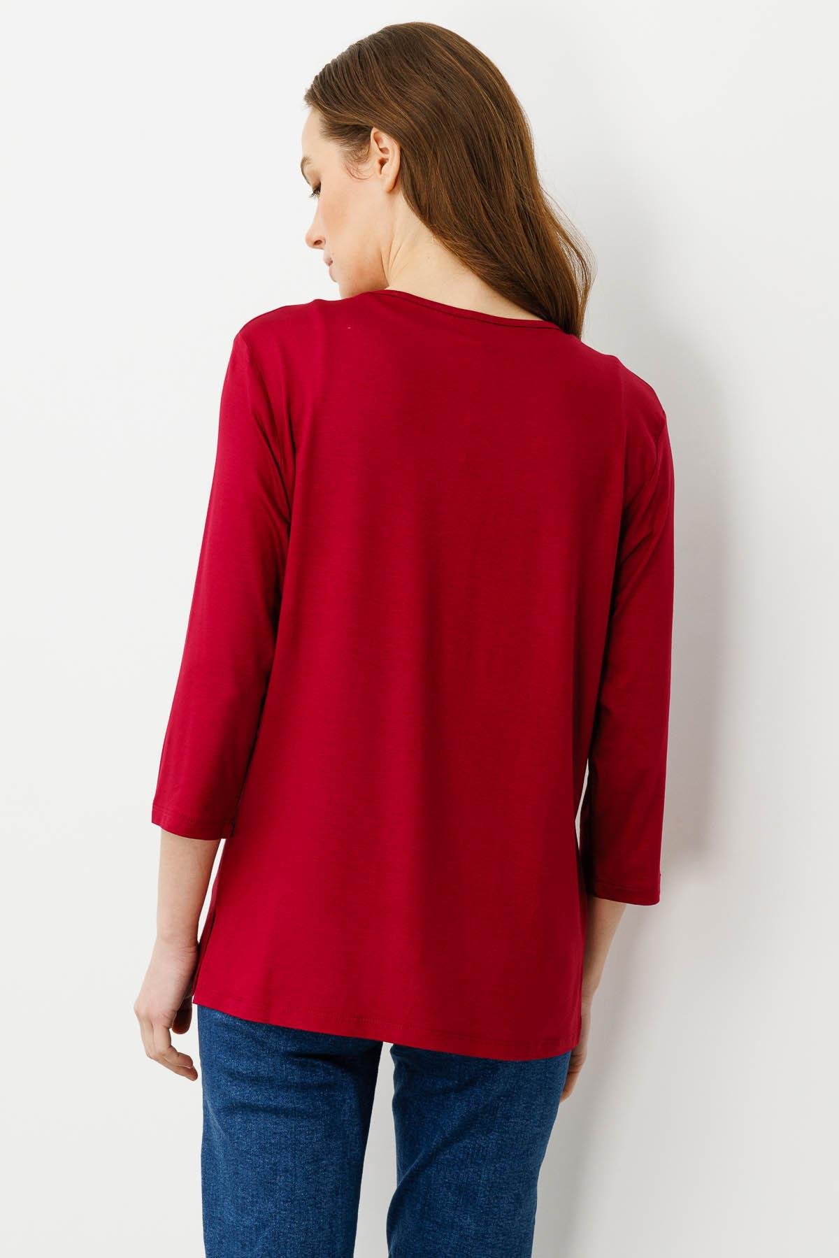 25704Kadın Açma Yaka Nakış İşlemeli Penye Bluz Vişne