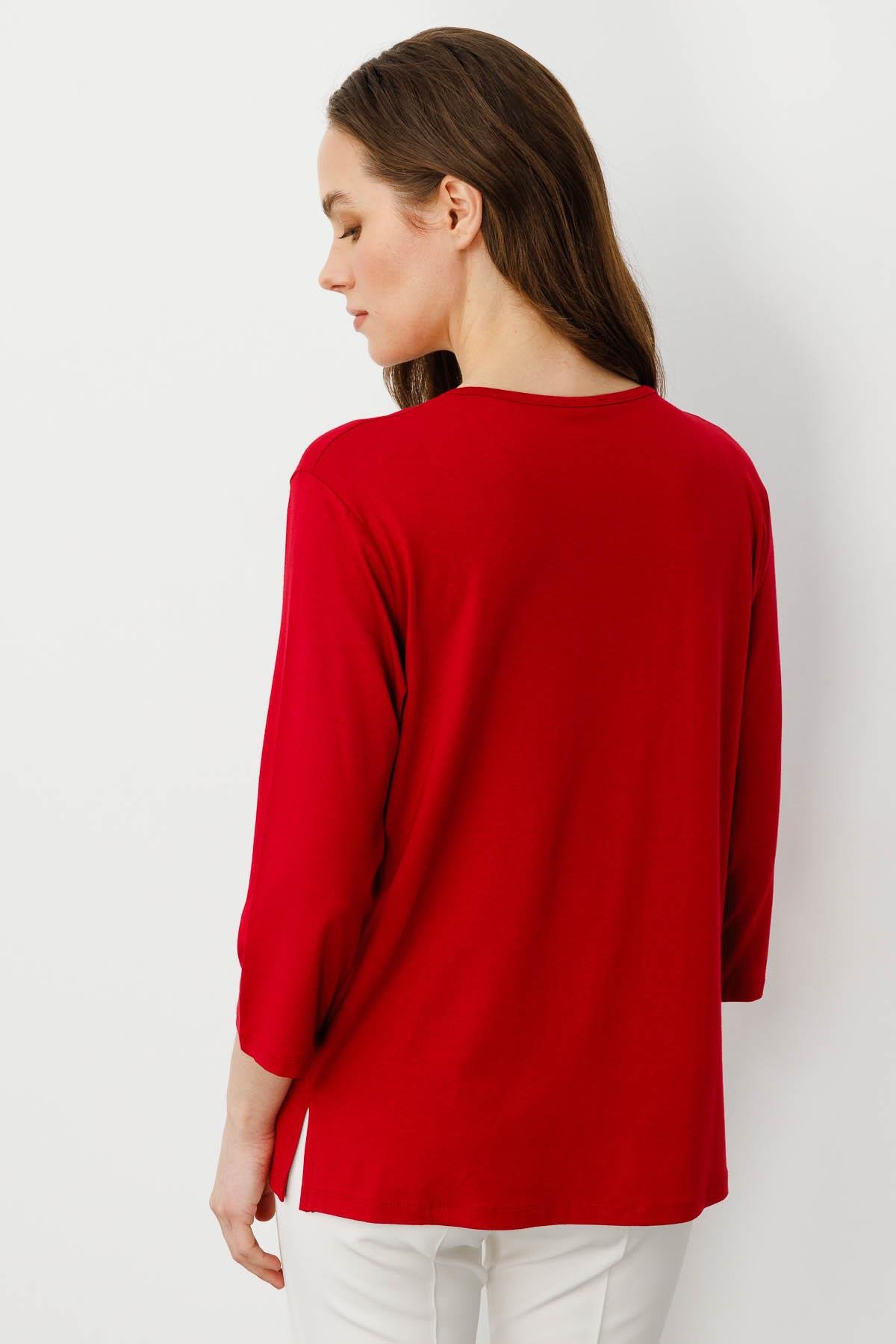 25704Kadın Açma Yaka Nakış İşlemeli Penye Bluz Kırmızı