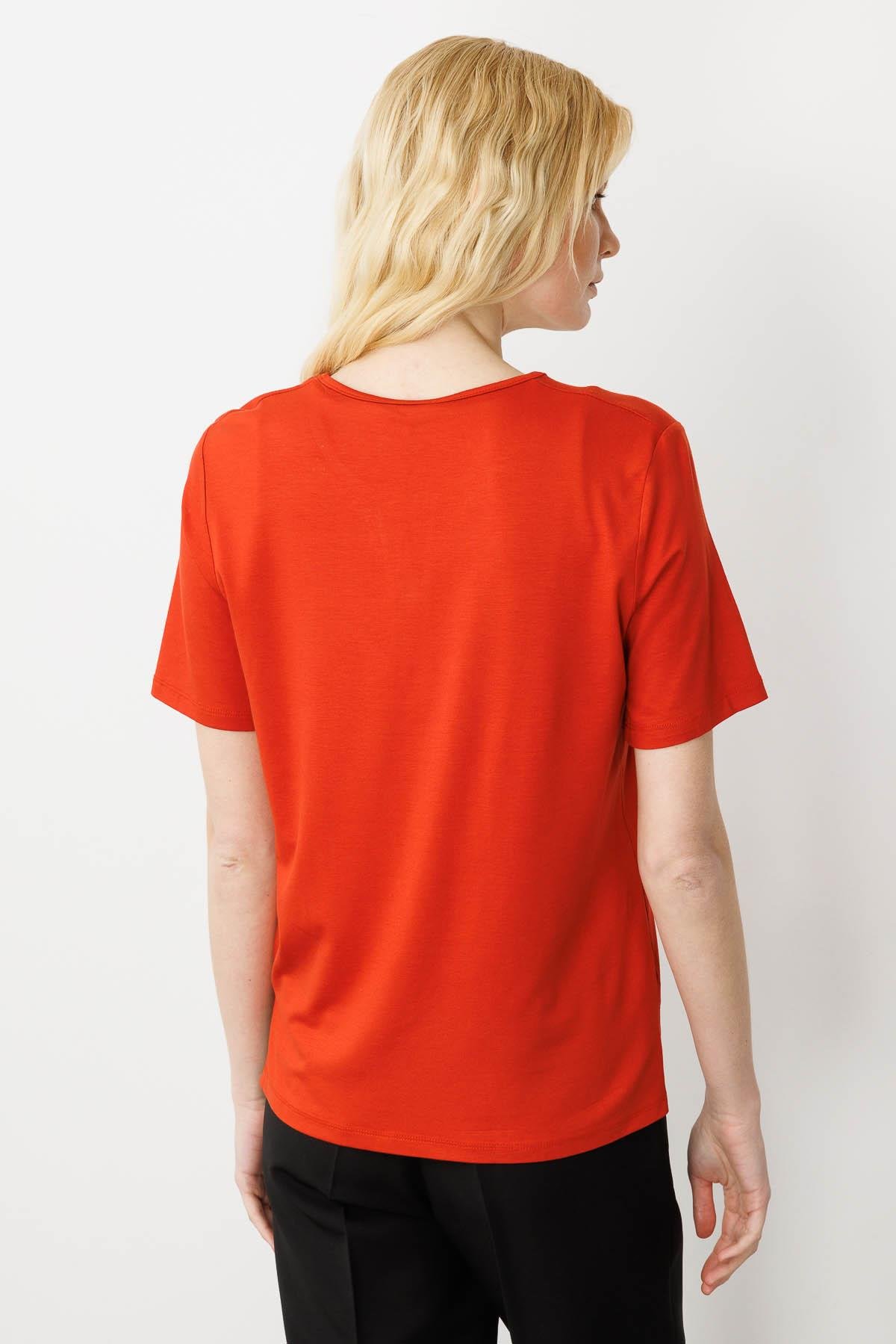 25703Kadın Sıfır Yaka Nakış İşlemeli T-shirt Oranj