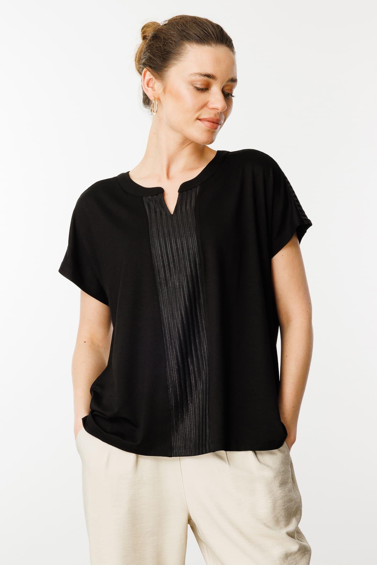 25760Kadın Açma Yaka Önü Bantlı Penye Bluz Siyah