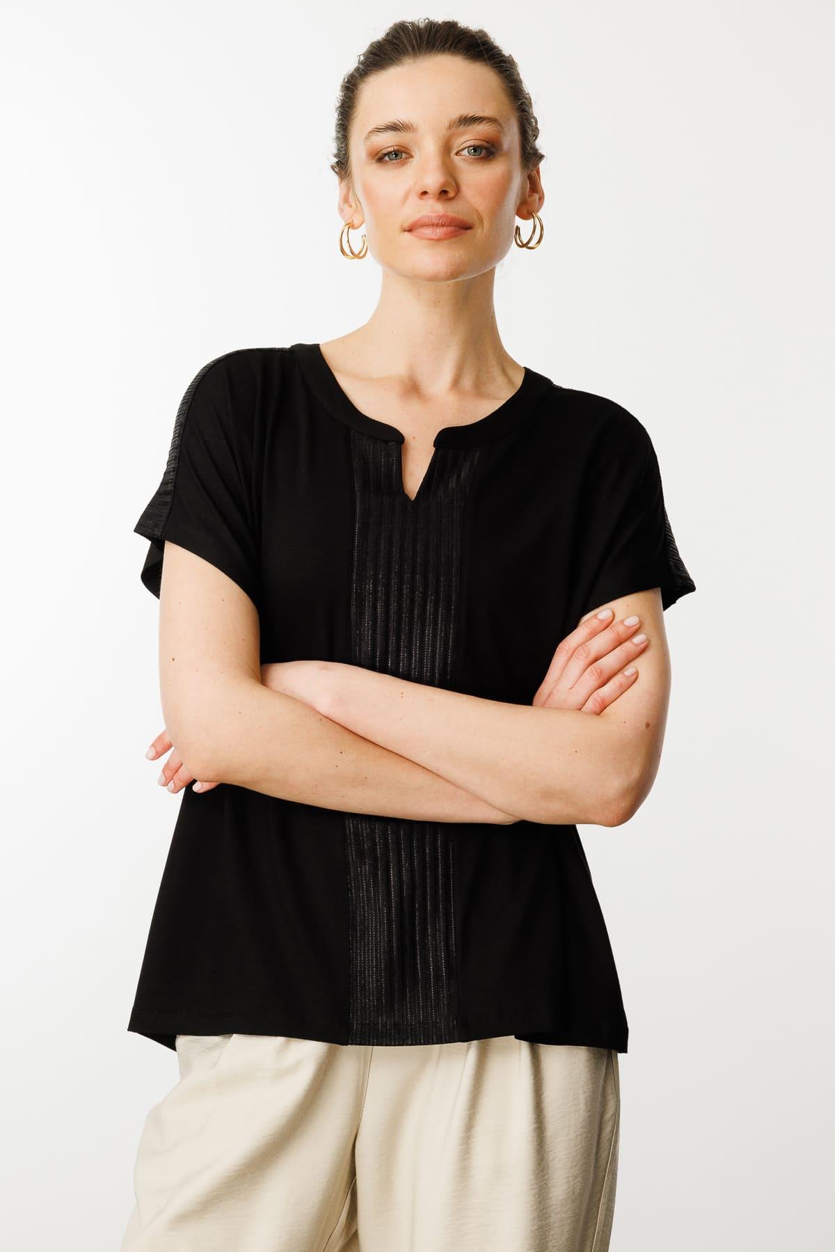 25760Kadın Açma Yaka Önü Bantlı Penye Bluz Siyah