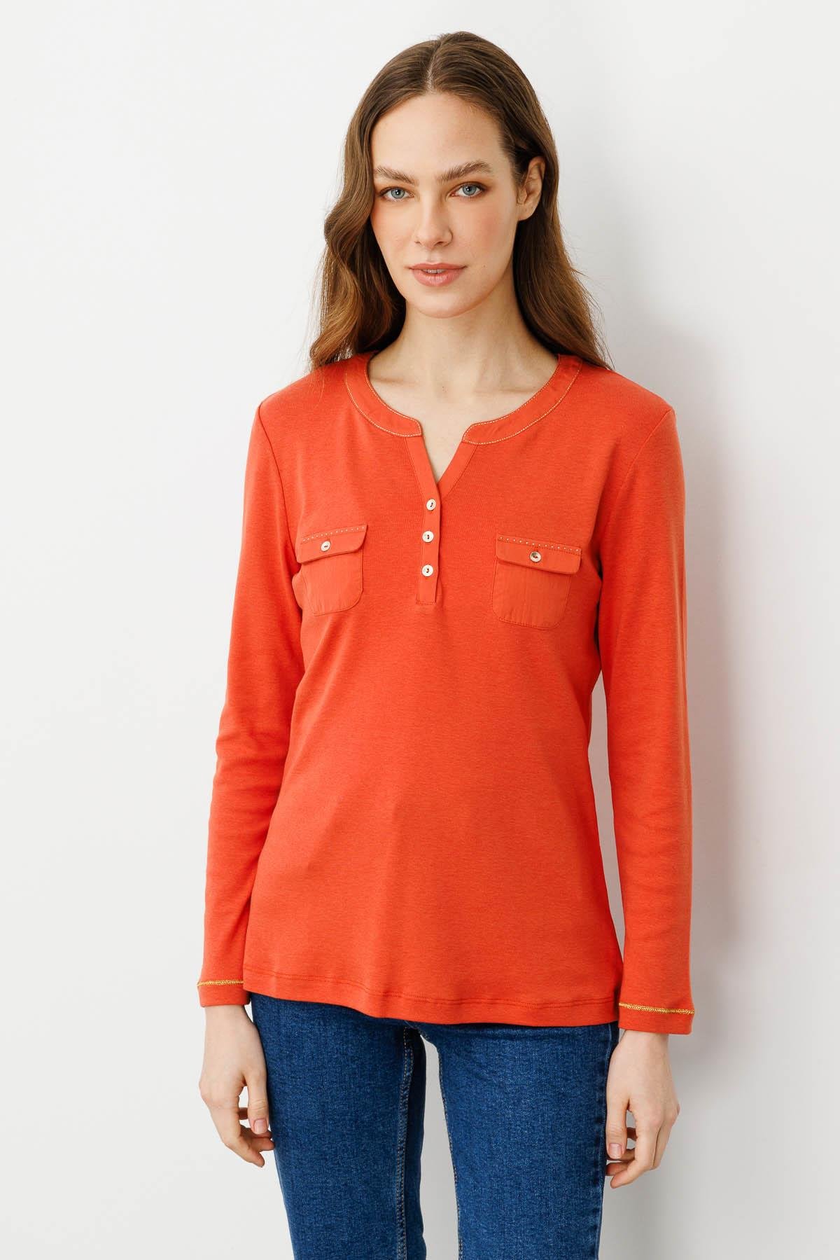25807Kadın Açma Yaka Önü Cepli Penye Bluz Kiremit