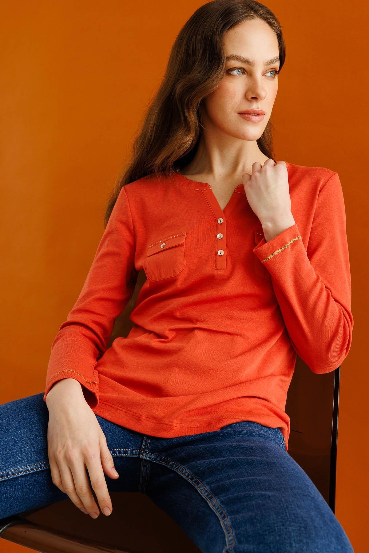 25807Kadın Açma Yaka Önü Cepli Penye Bluz Kiremit