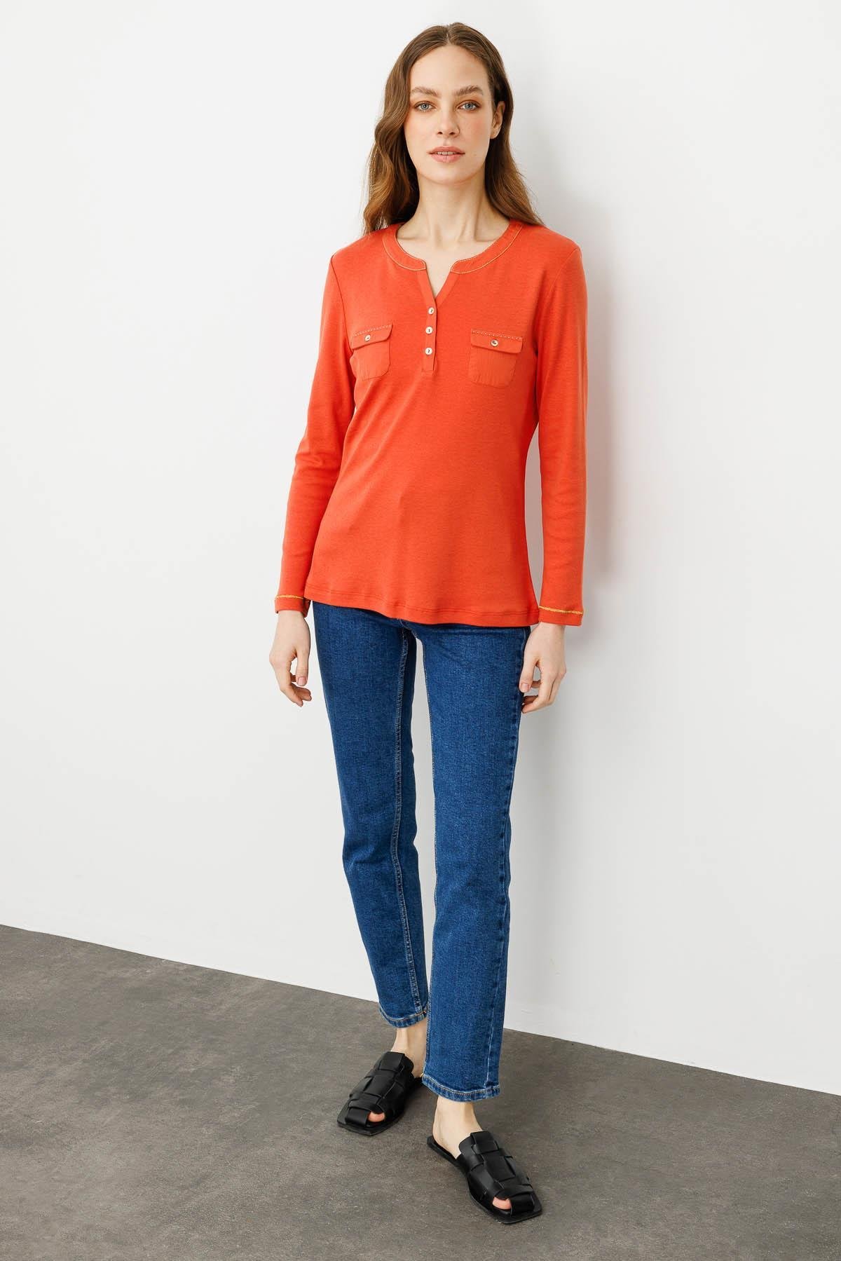 25807Kadın Açma Yaka Önü Cepli Penye Bluz Kiremit