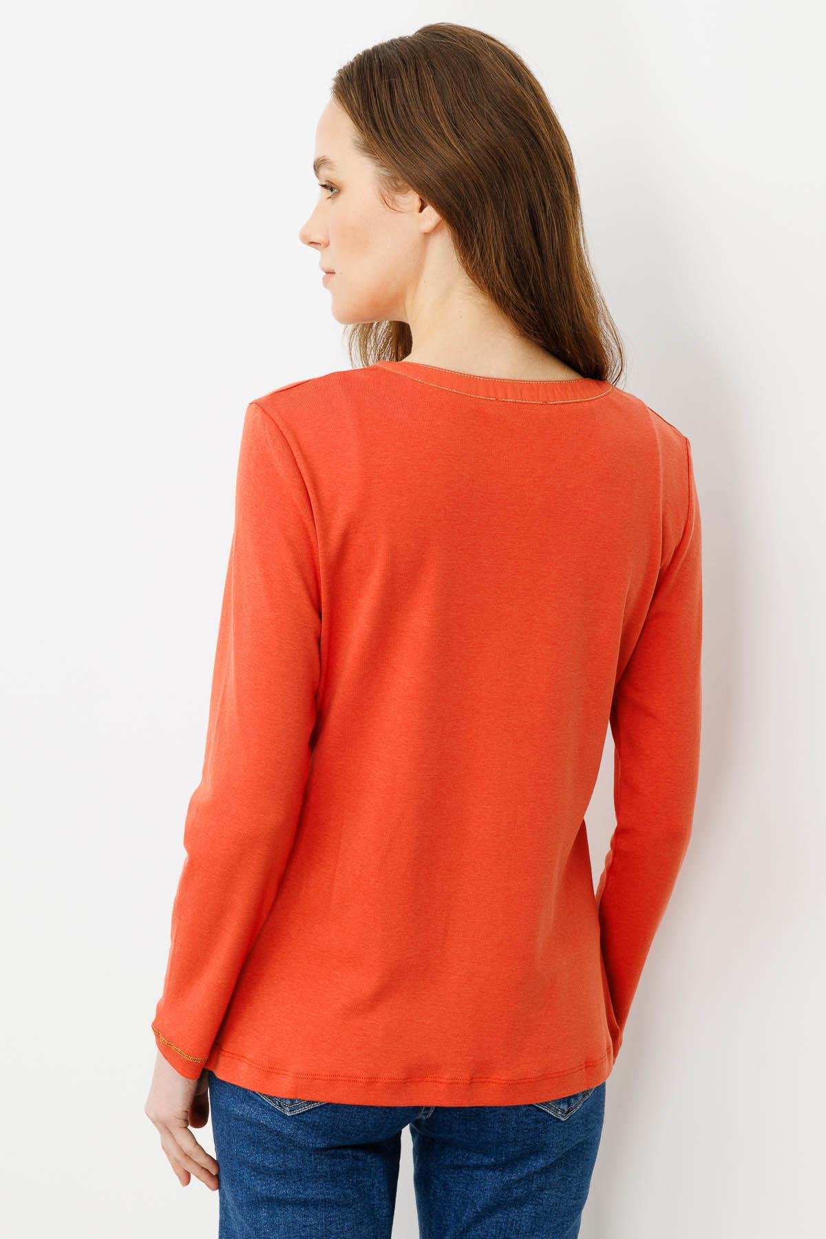 25807Kadın Açma Yaka Önü Cepli Penye Bluz Kiremit