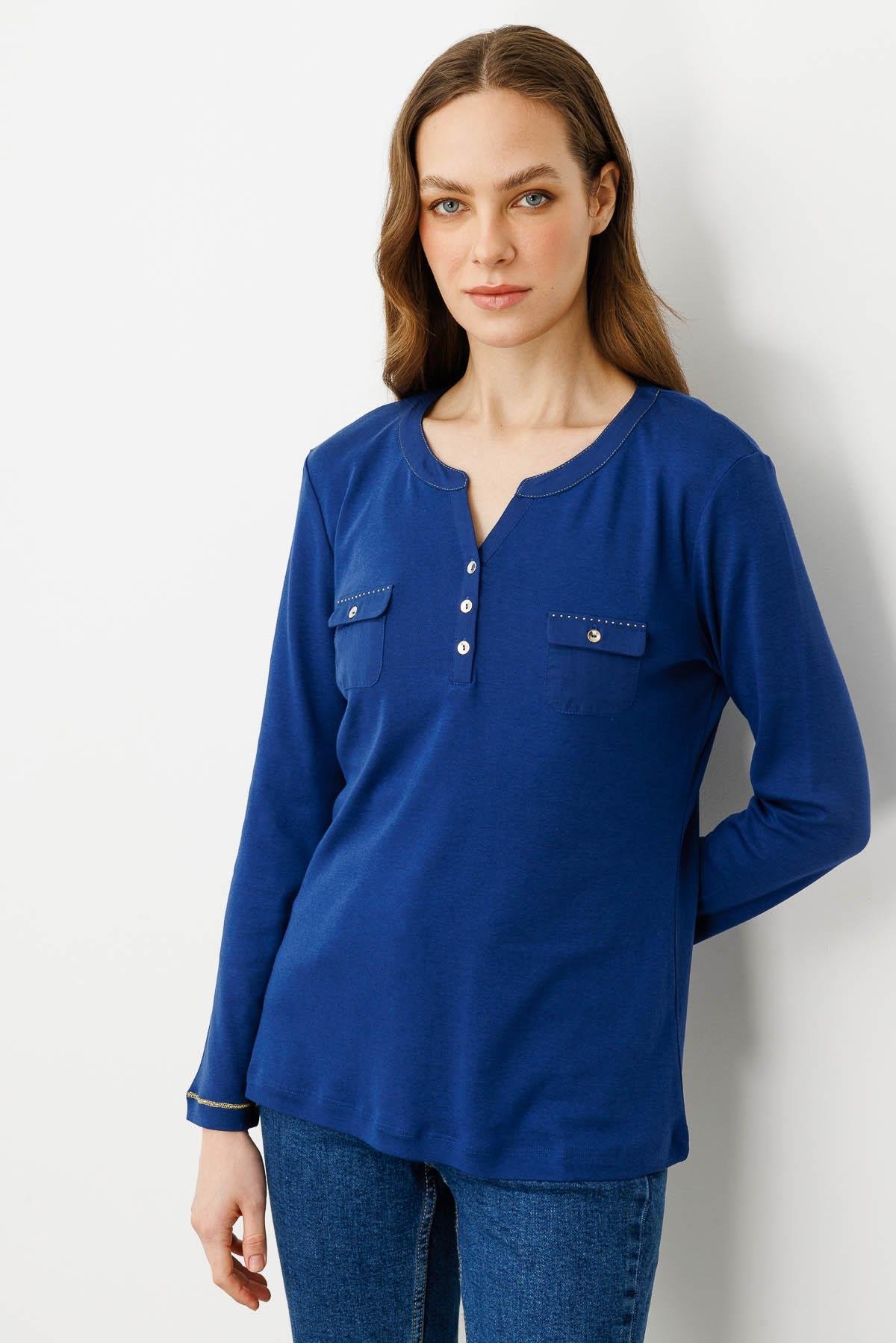 25807Kadın Açma Yaka Önü Cepli Penye Bluz Lacivert
