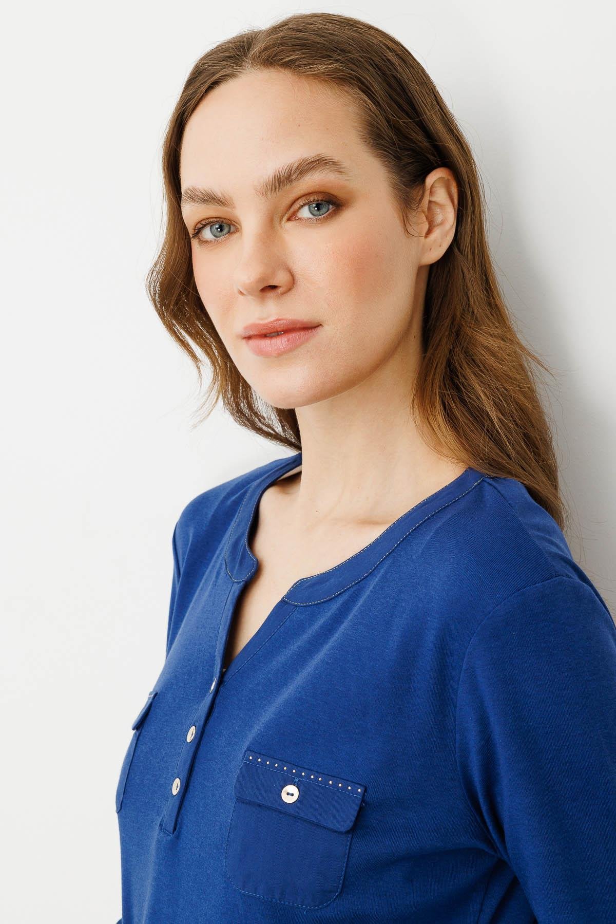 25807Kadın Açma Yaka Önü Cepli Penye Bluz Lacivert