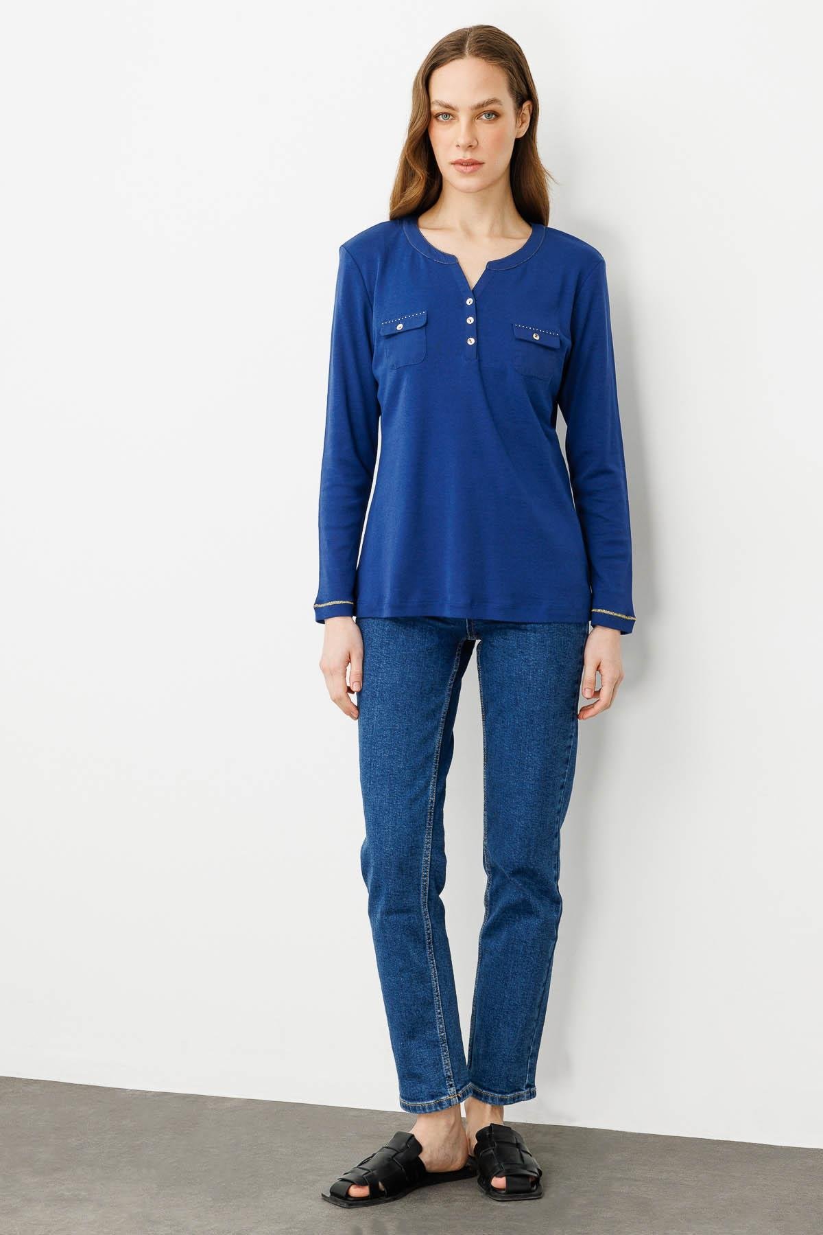 25807Kadın Açma Yaka Önü Cepli Penye Bluz Lacivert