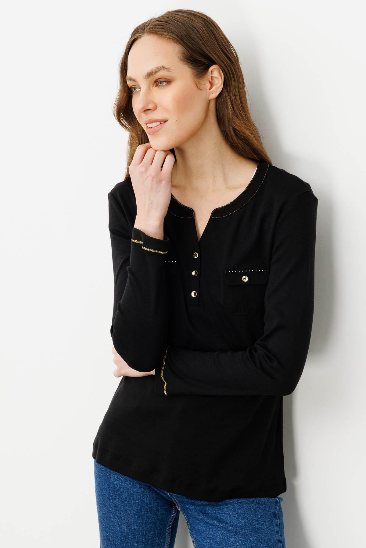 25807Kadın Açma Yaka Önü Cepli Penye Bluz Siyah