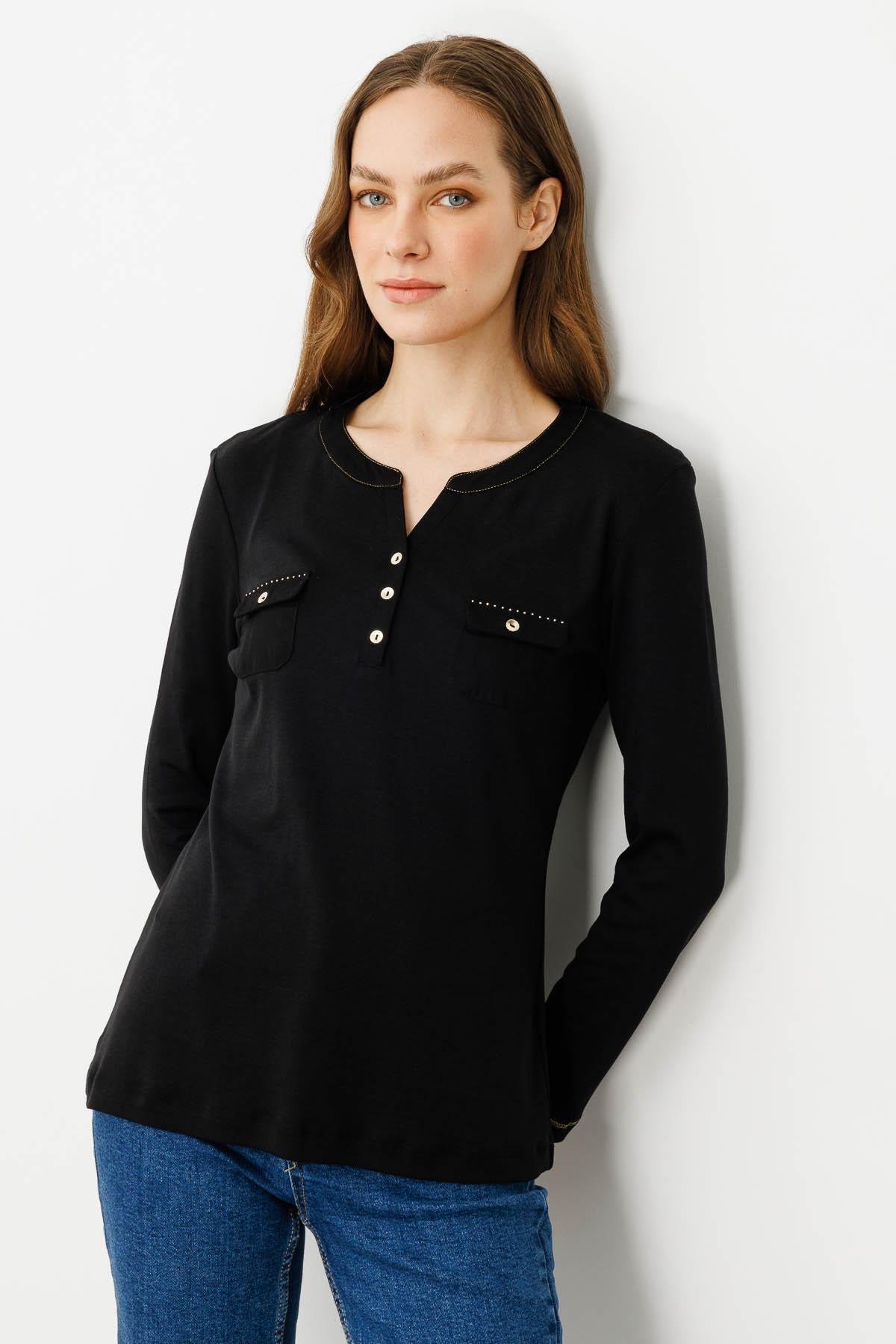 25807Kadın Açma Yaka Önü Cepli Penye Bluz Siyah