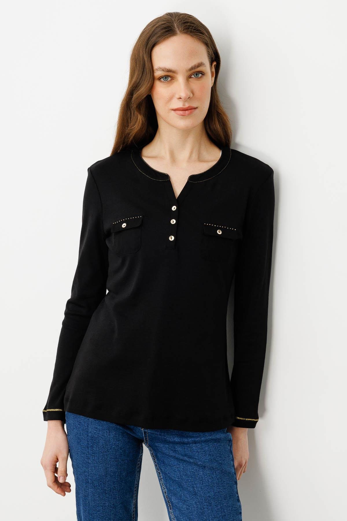 25807Kadın Açma Yaka Önü Cepli Penye Bluz Siyah