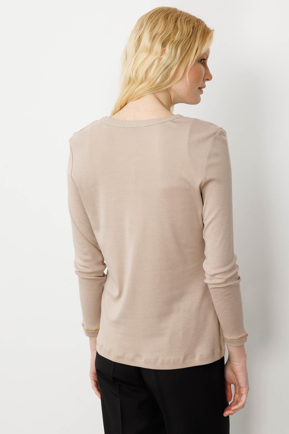 25807Kadın Açma Yaka Önü Cepli Penye Bluz Vizon