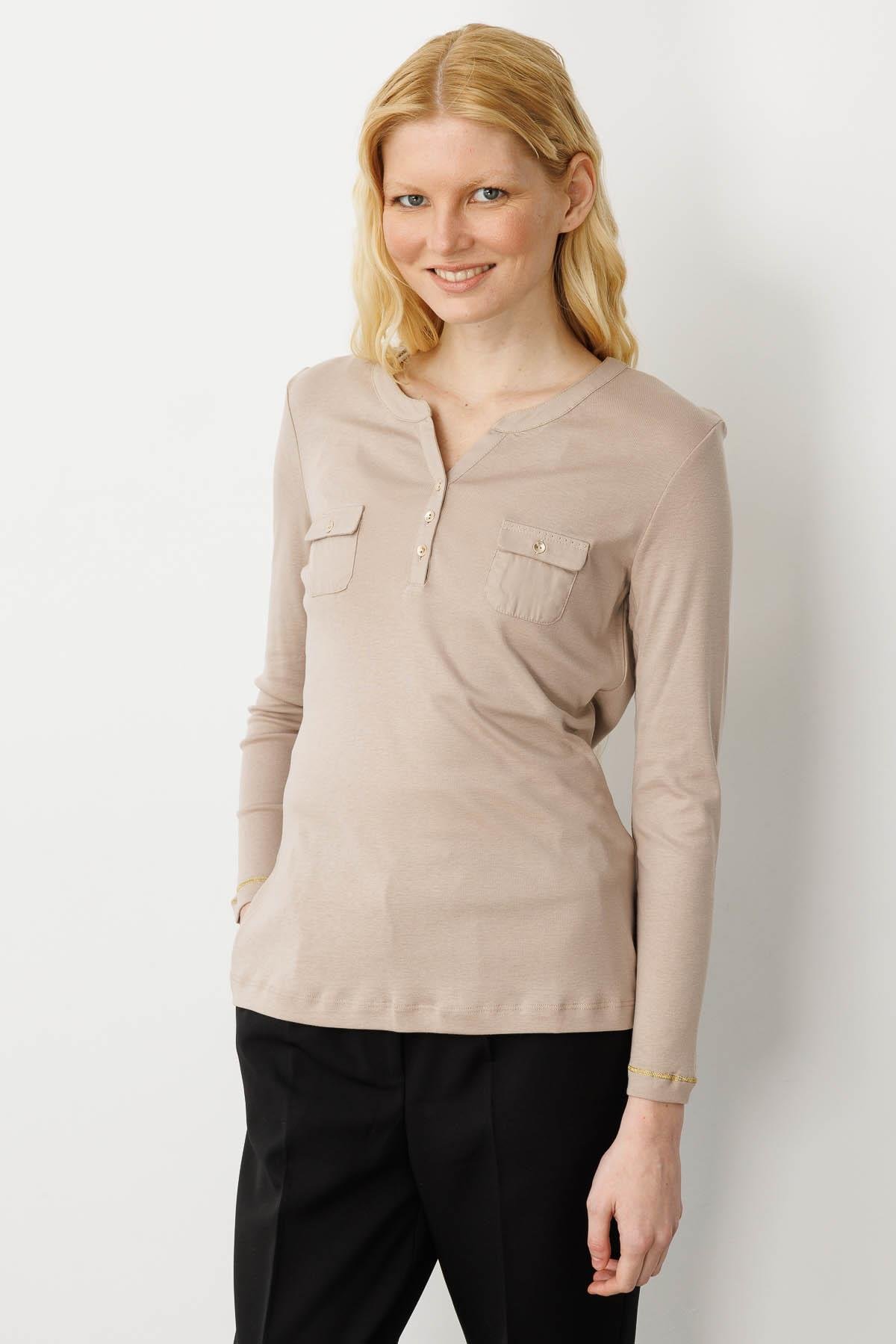 25807Kadın Açma Yaka Önü Cepli Penye Bluz Vizon