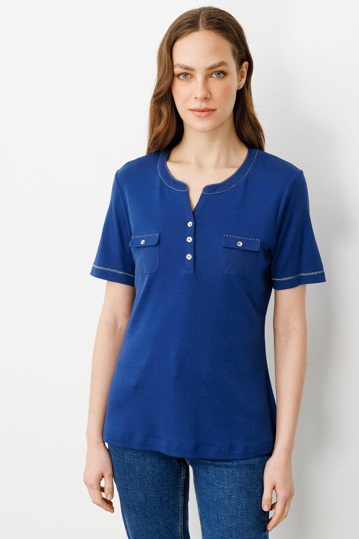 25806Kadın Açma Yaka Önü Cepli Penye T-shirt Lacivert