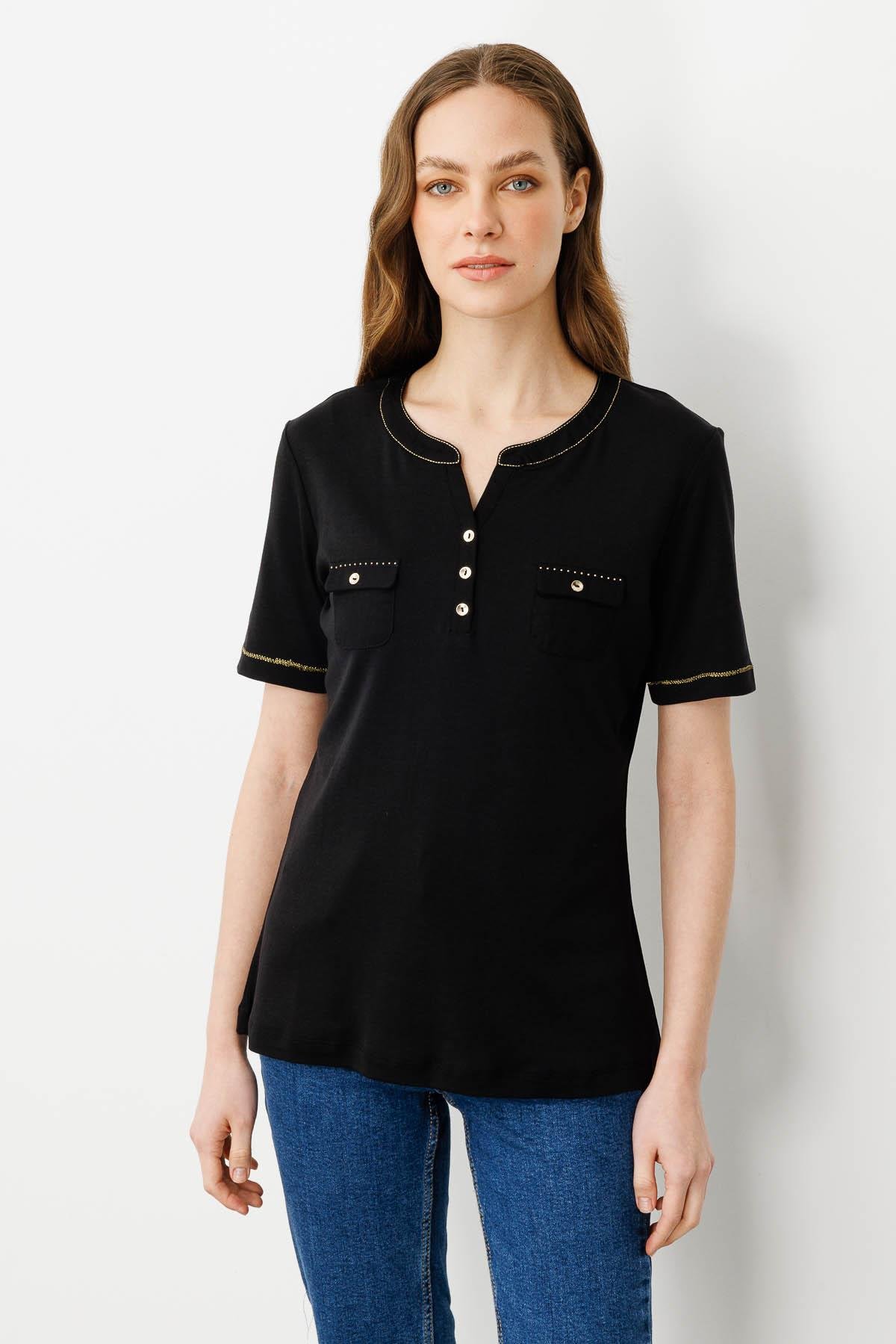 25806Kadın Açma Yaka Önü Cepli Penye T-shirt Siyah