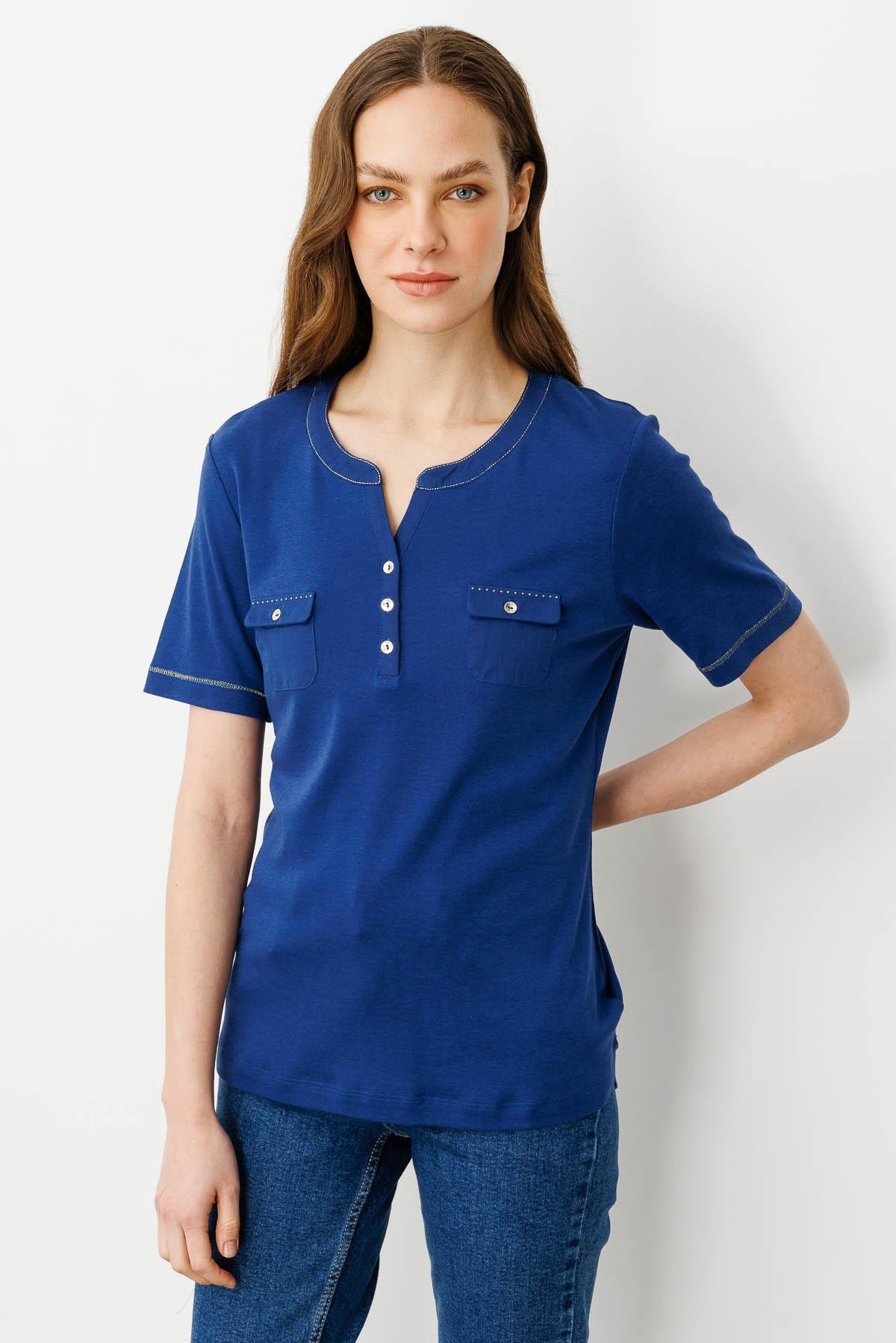 25806Kadın Açma Yaka Önü Cepli Penye T-shirt Lacivert