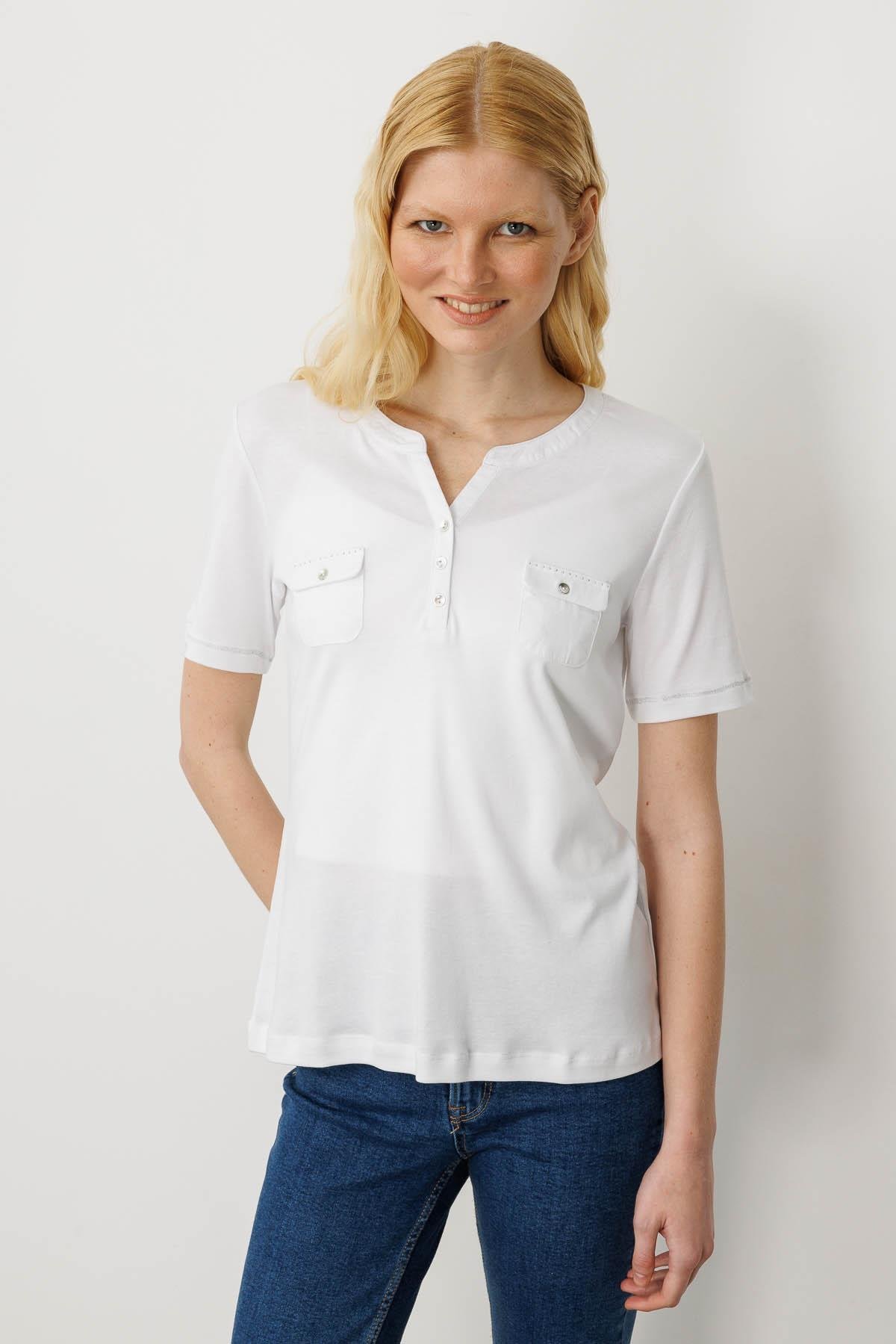 25806Kadın Açma Yaka Önü Cepli Penye T-shirt Beyaz