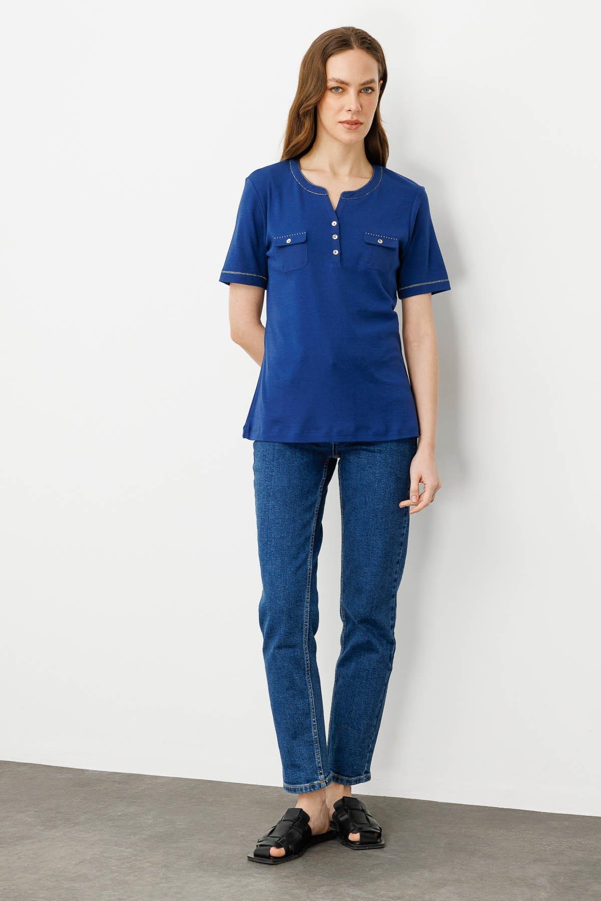 25806Kadın Açma Yaka Önü Cepli Penye T-shirt Lacivert
