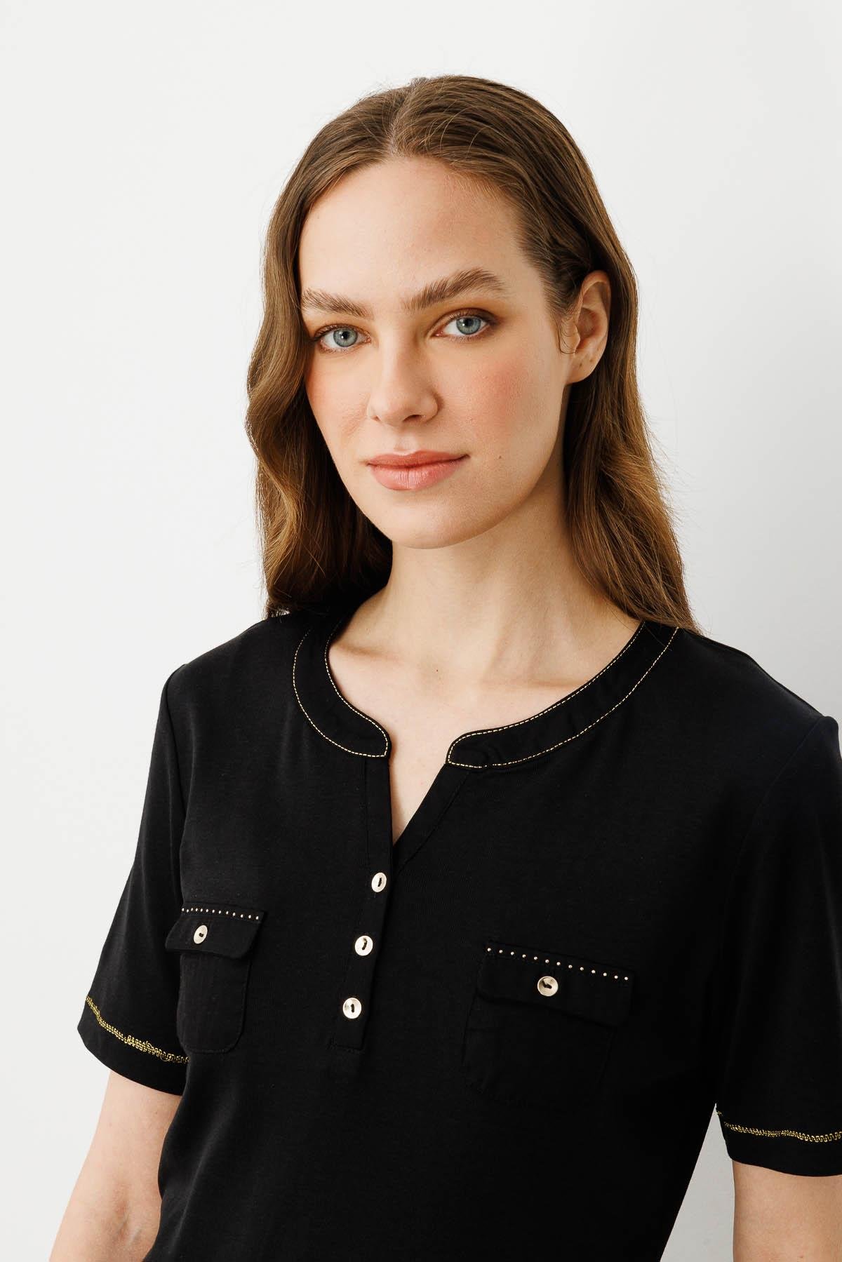 25806Kadın Açma Yaka Önü Cepli Penye T-shirt Siyah