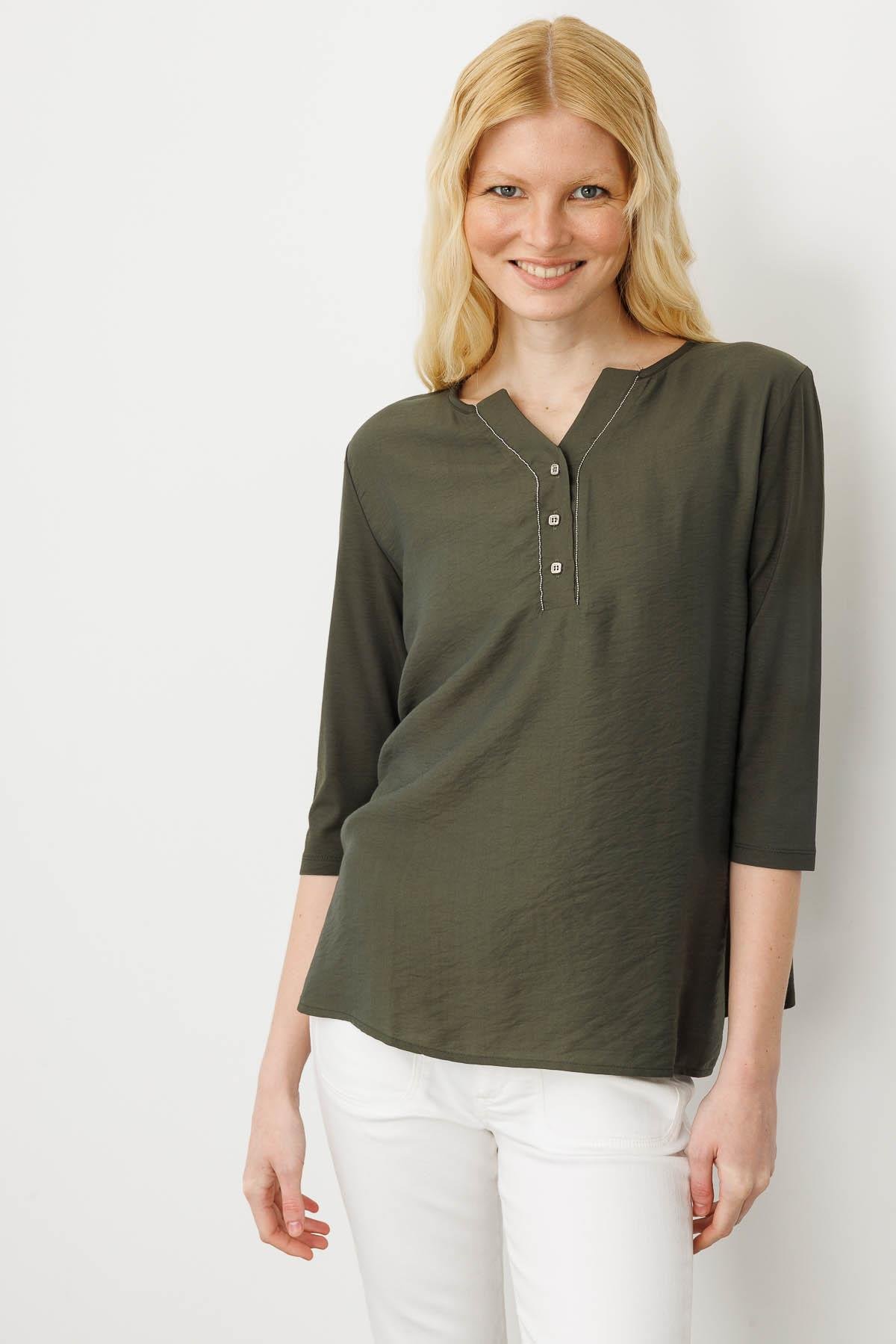 25763Kadın Açma Yaka Önü Düğmeli Bluz Haki