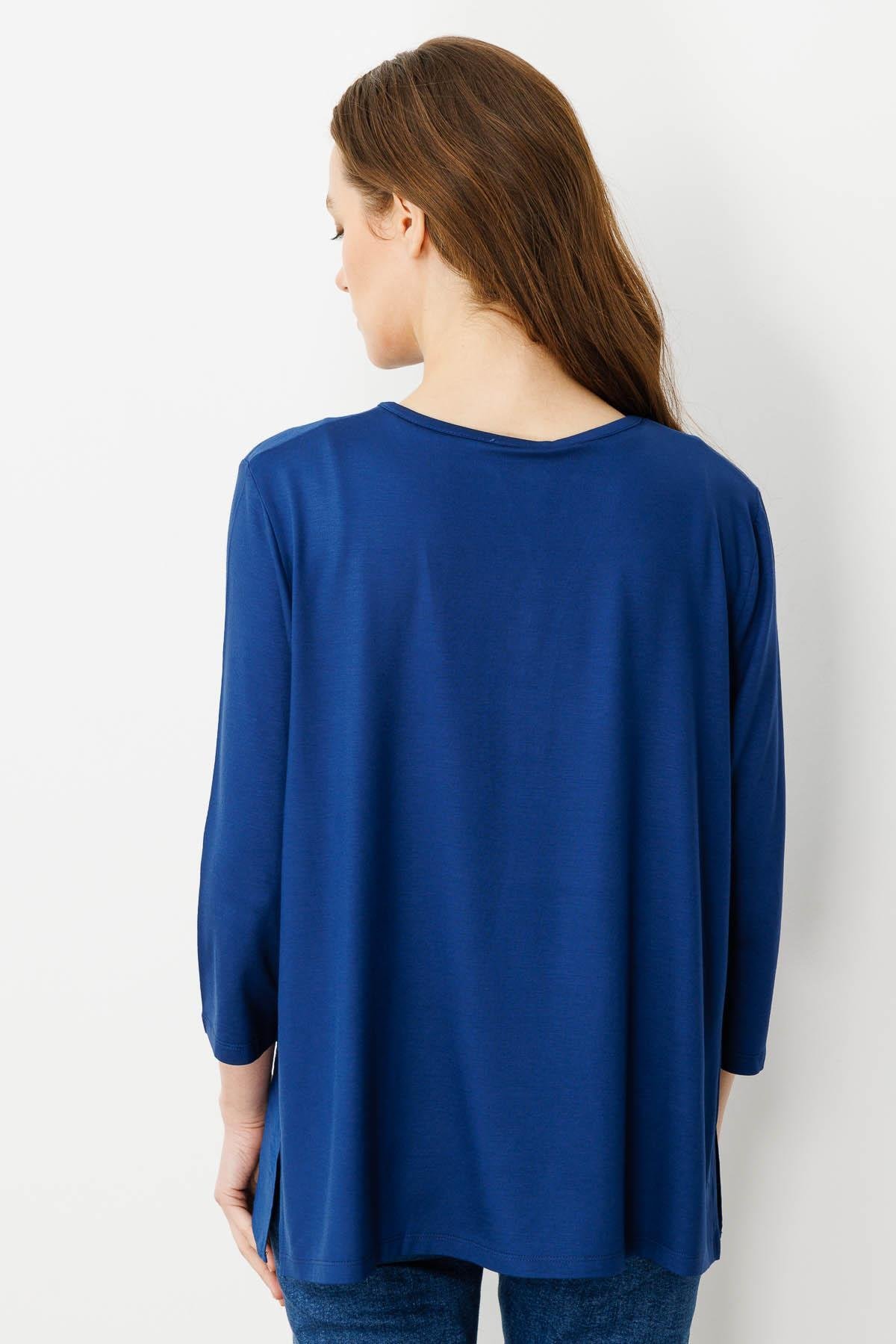 25763Kadın Açma Yaka Önü Düğmeli Bluz İndigo