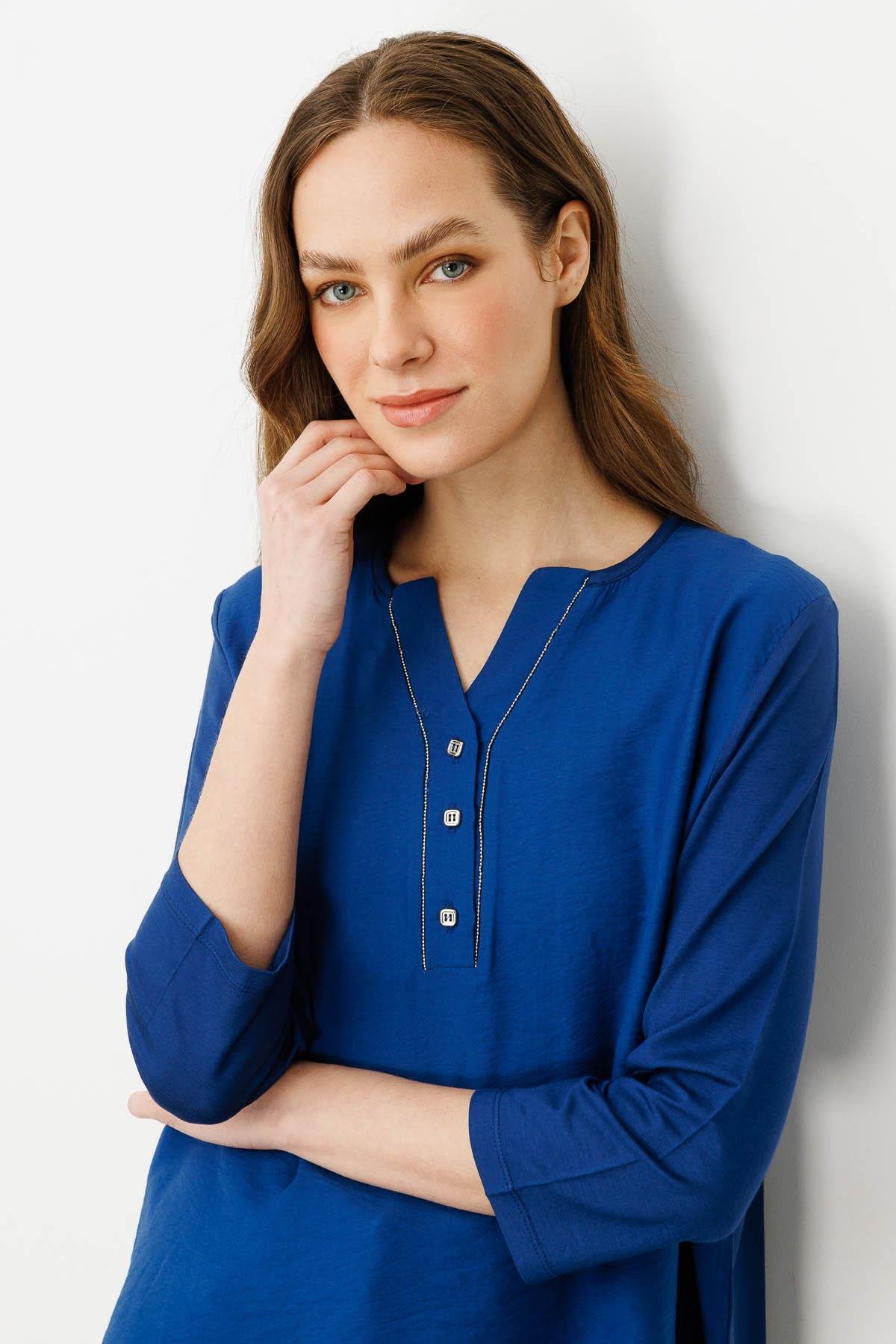25763Kadın Açma Yaka Önü Düğmeli Bluz İndigo