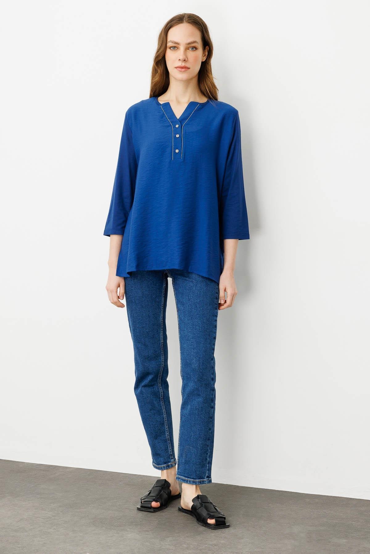 25763Kadın Açma Yaka Önü Düğmeli Bluz İndigo