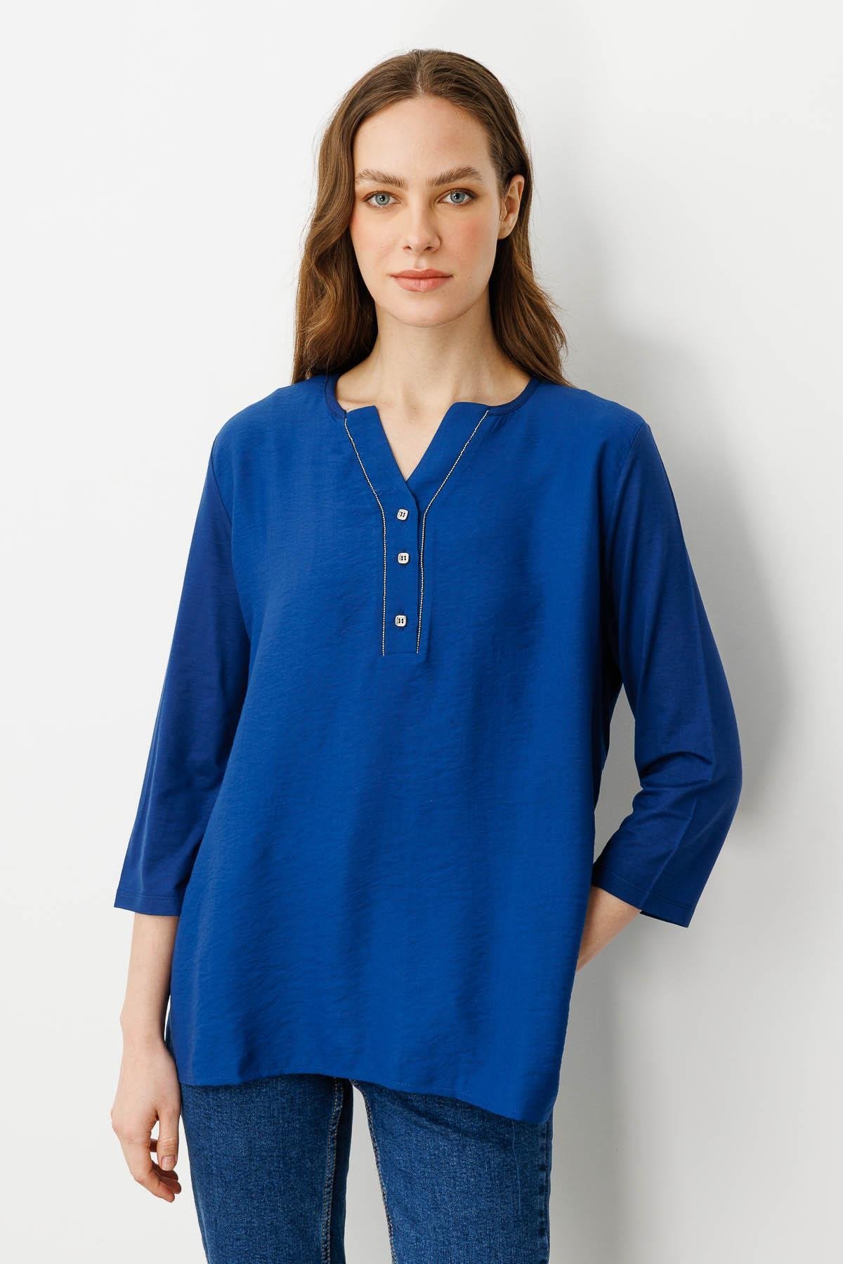 25763Kadın Açma Yaka Önü Düğmeli Bluz İndigo