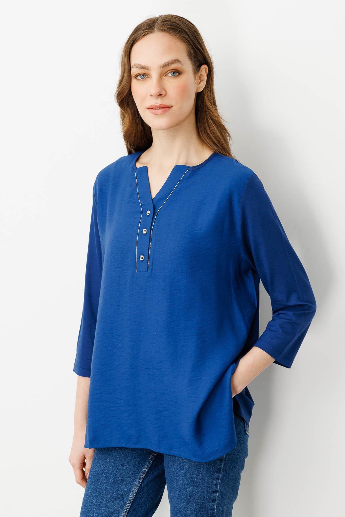 25763Kadın Açma Yaka Önü Düğmeli Bluz İndigo