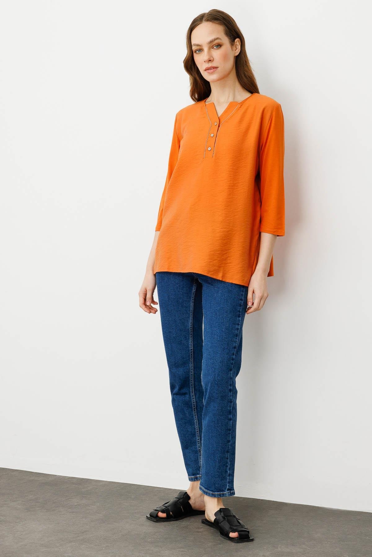 25763Kadın Açma Yaka Önü Düğmeli Bluz Turuncu