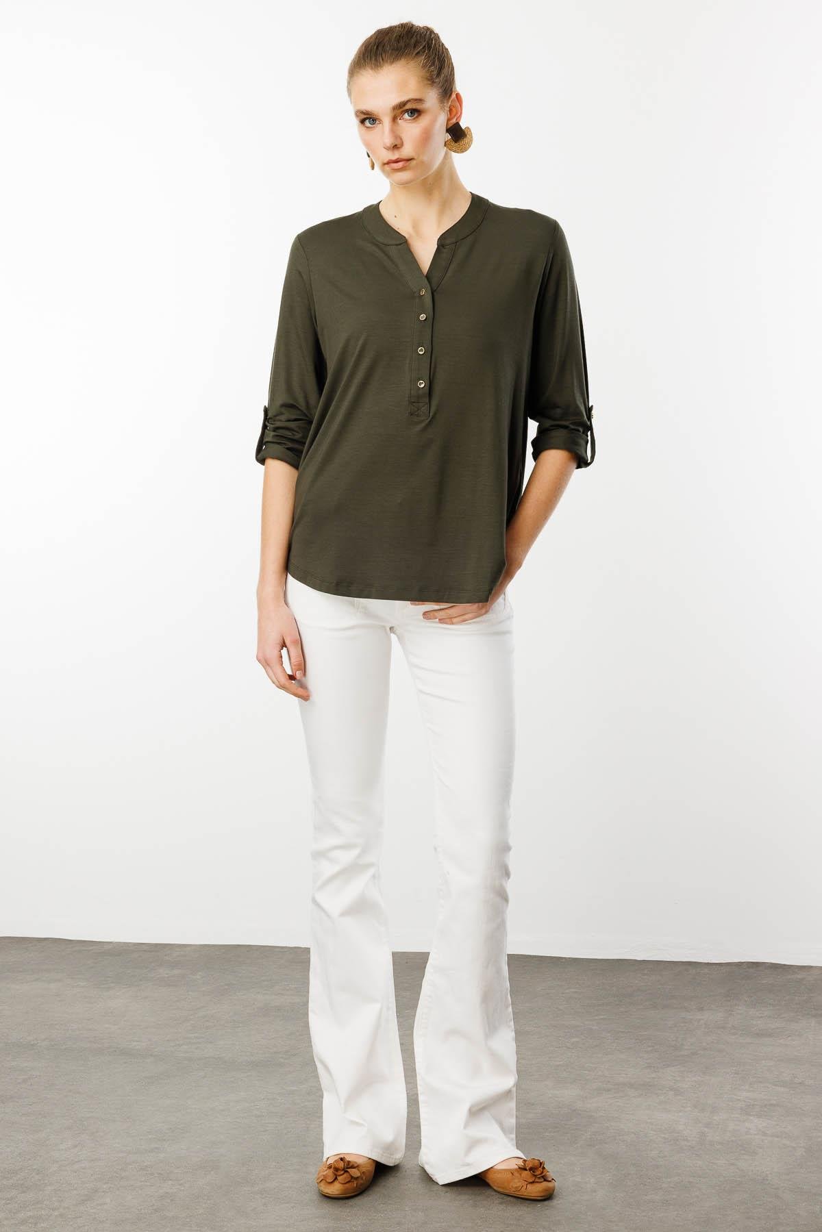 25765Kadın Açma Yaka Önü Düğmeli Gömlek Haki