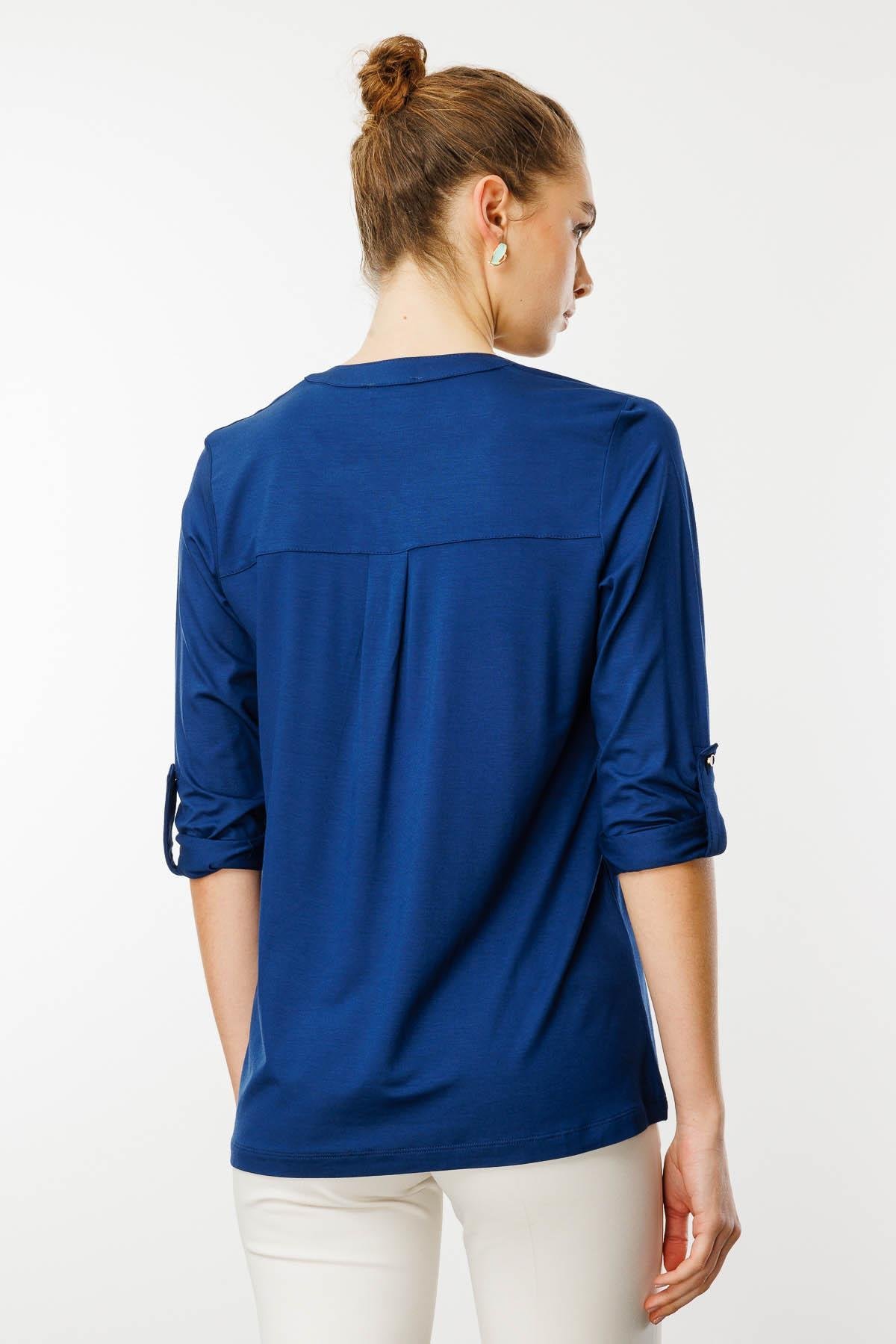 25765Kadın Açma Yaka Önü Düğmeli Gömlek İndigo