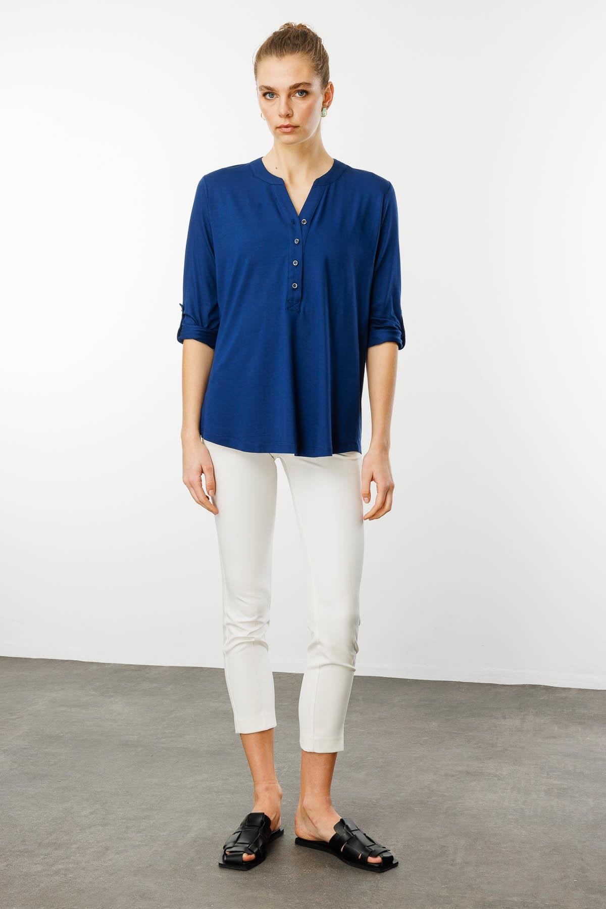 25765Kadın Açma Yaka Önü Düğmeli Gömlek İndigo