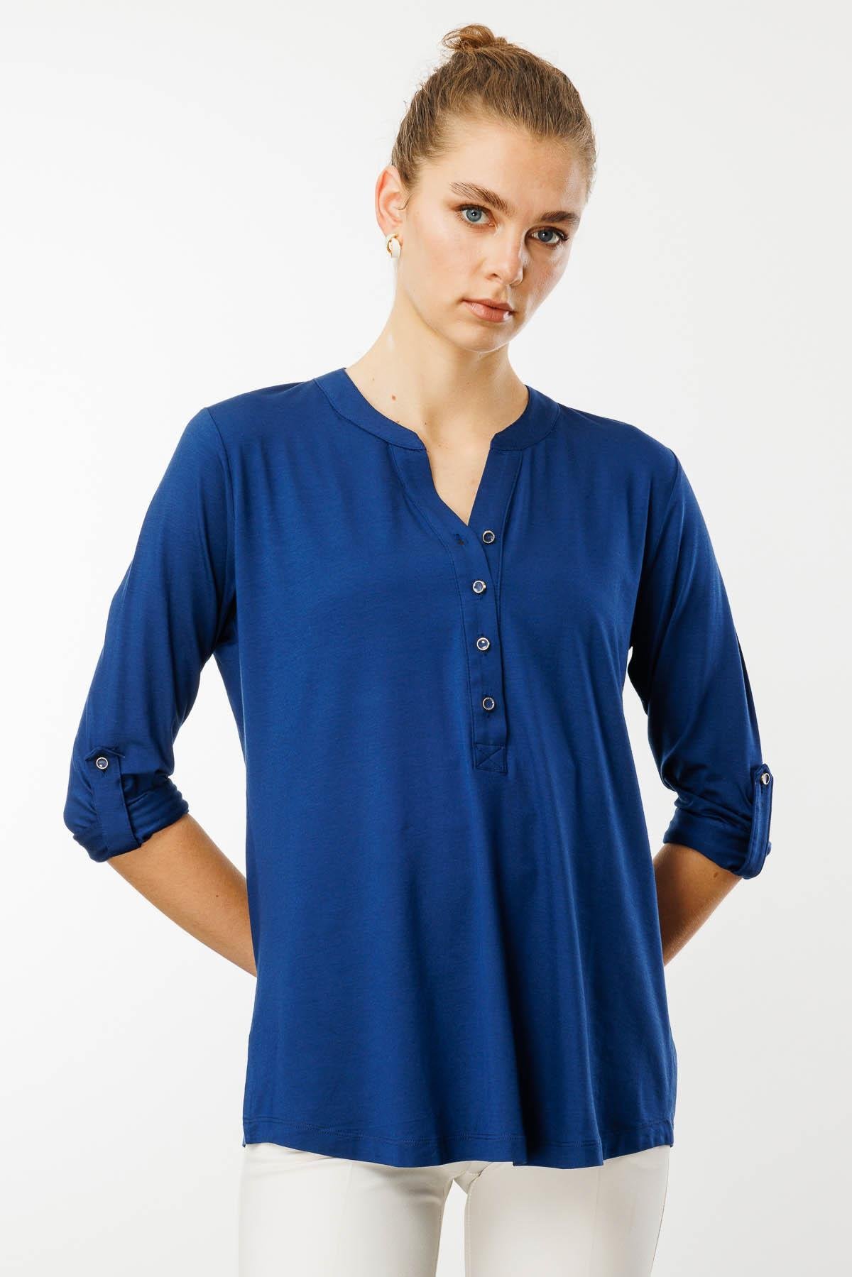 25765Kadın Açma Yaka Önü Düğmeli Gömlek İndigo