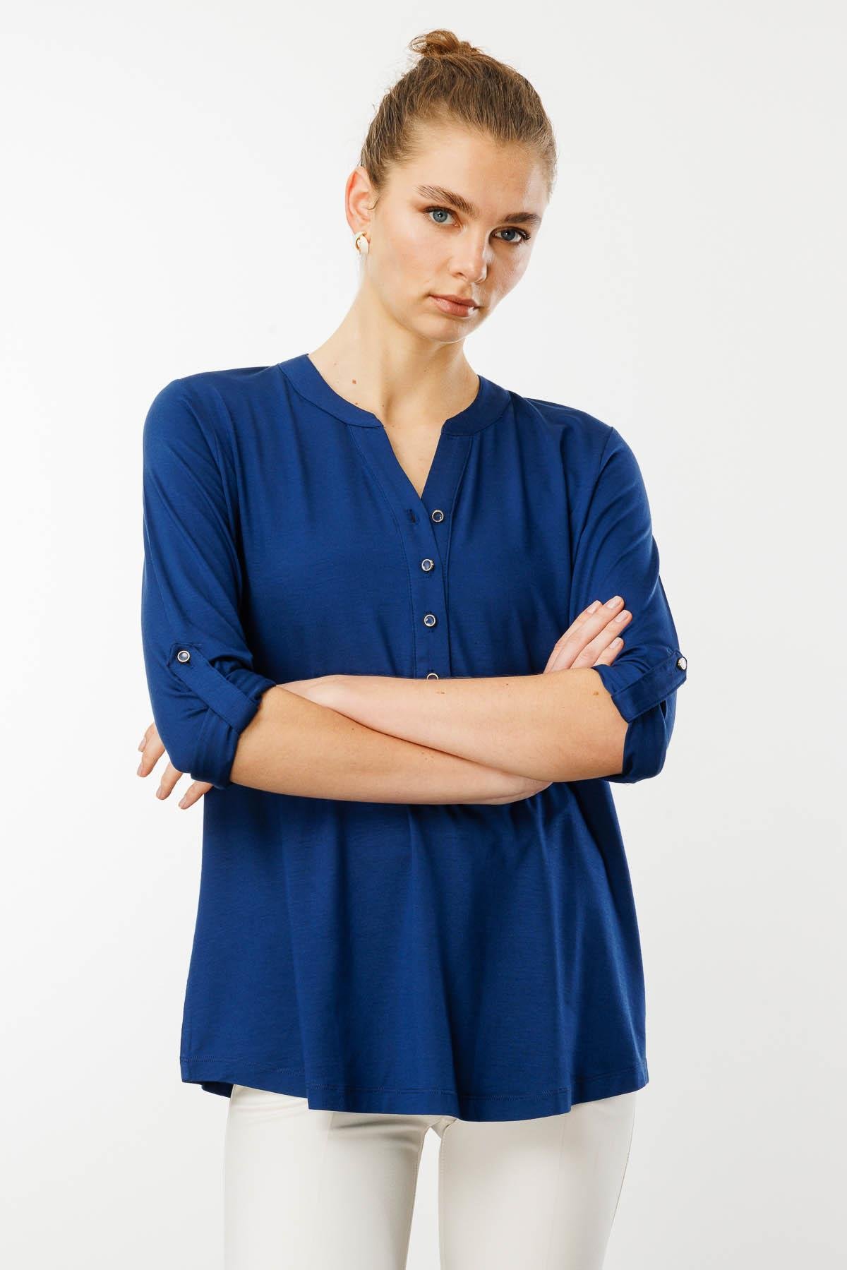 25765Kadın Açma Yaka Önü Düğmeli Gömlek İndigo