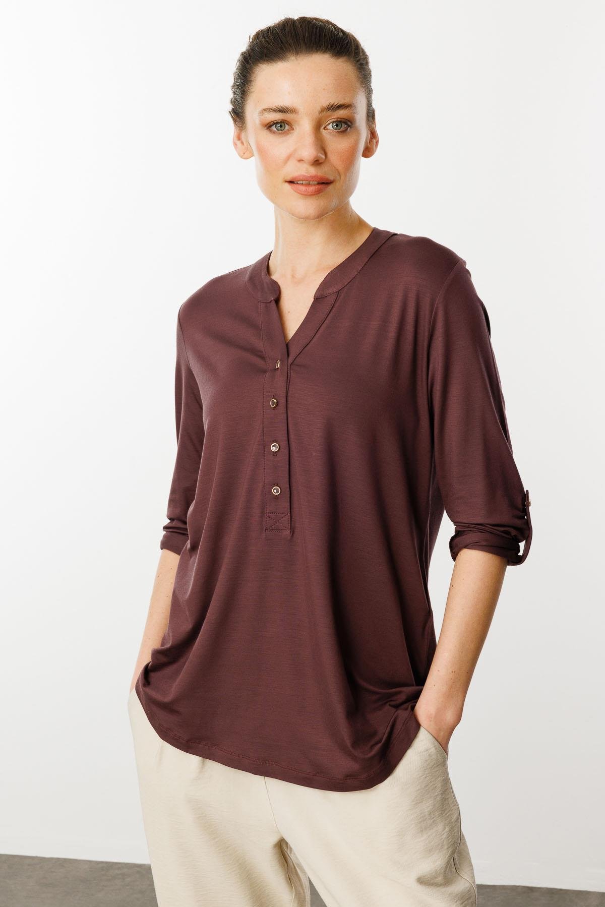 25765Kadın Açma Yaka Önü Düğmeli Gömlek Kahve