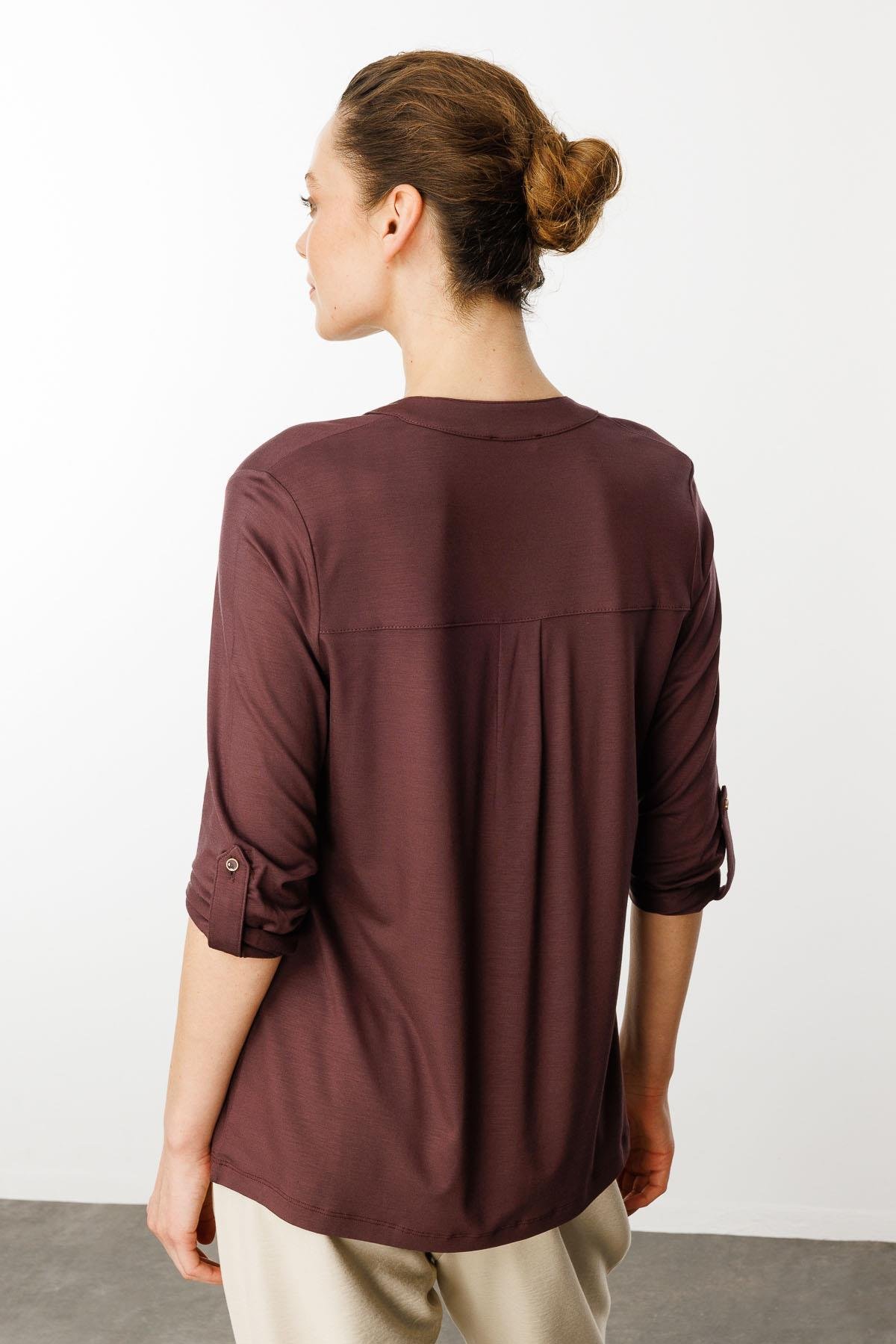 25765Kadın Açma Yaka Önü Düğmeli Gömlek Kahve